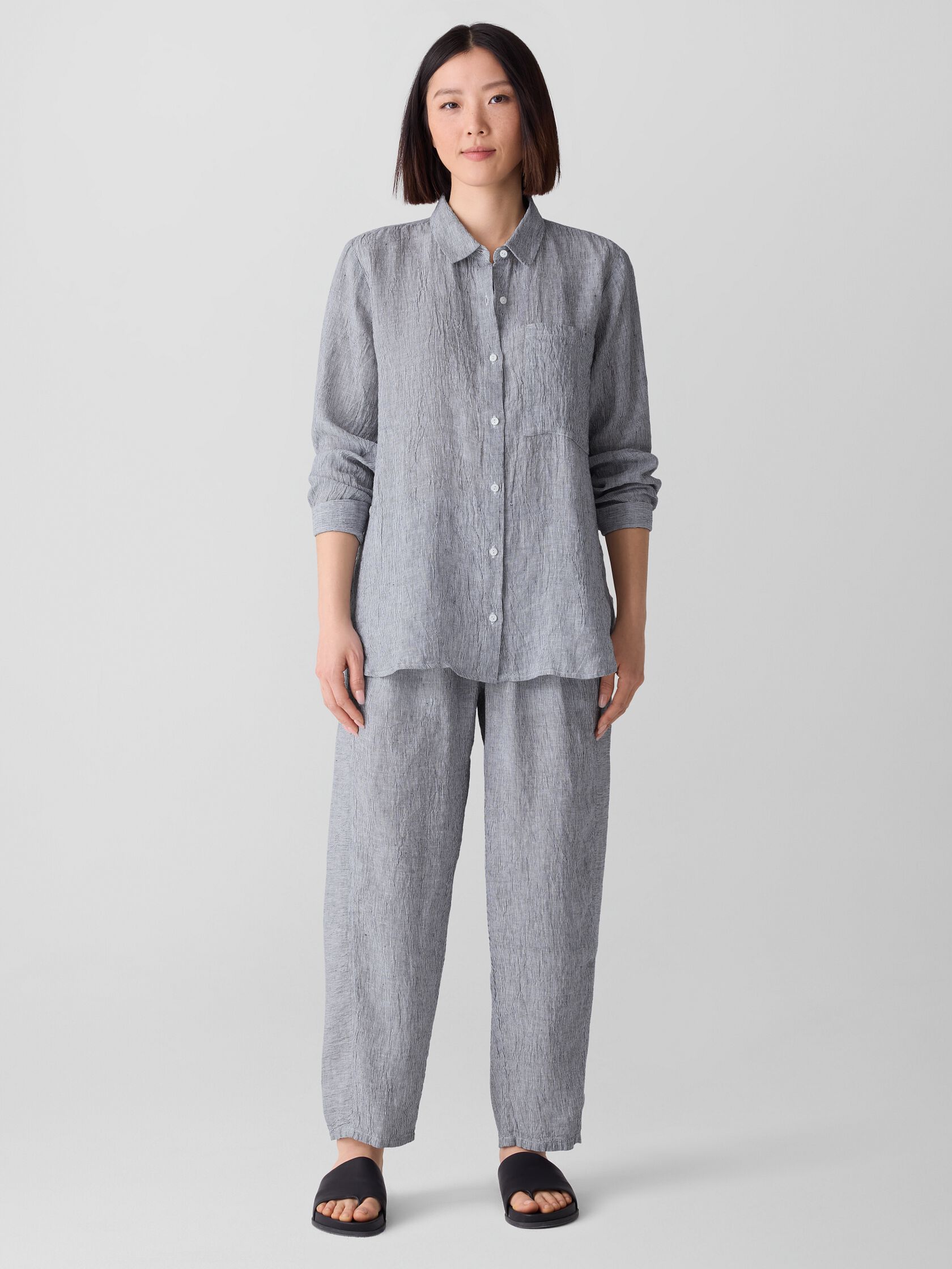 Puckered Organic Linen Stripe Classic Collar Long Shirt