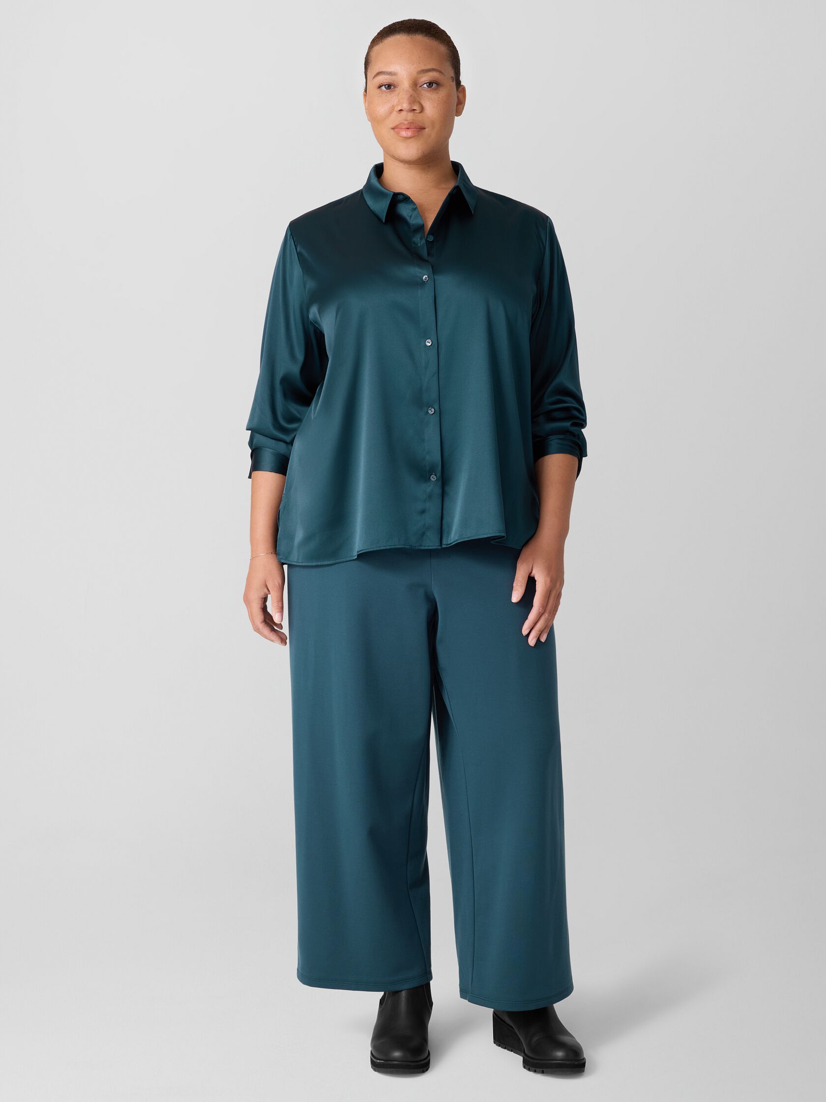 Stretch Silk Charmeuse Classic Collar Shirt