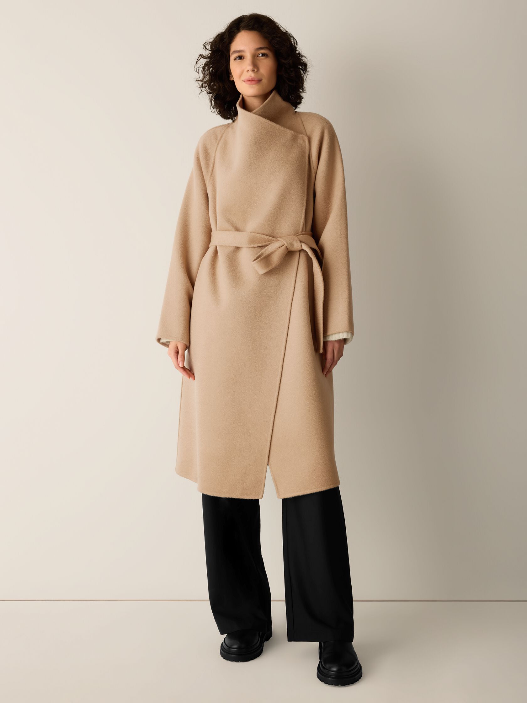 Lustrous Wool Drape Neck Coat