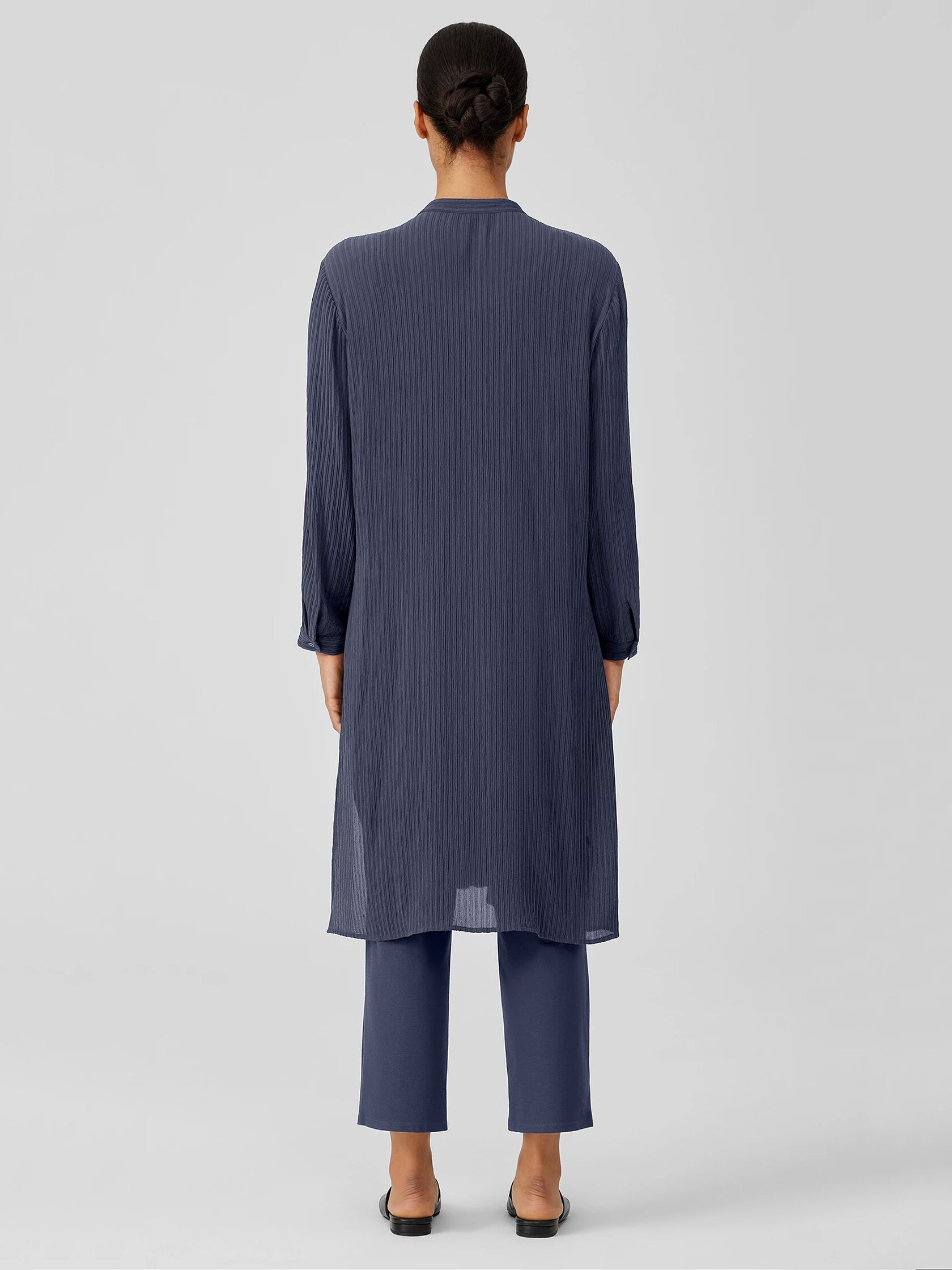 Accordion Silk Jacquard Mandarin Collar Long Shirt