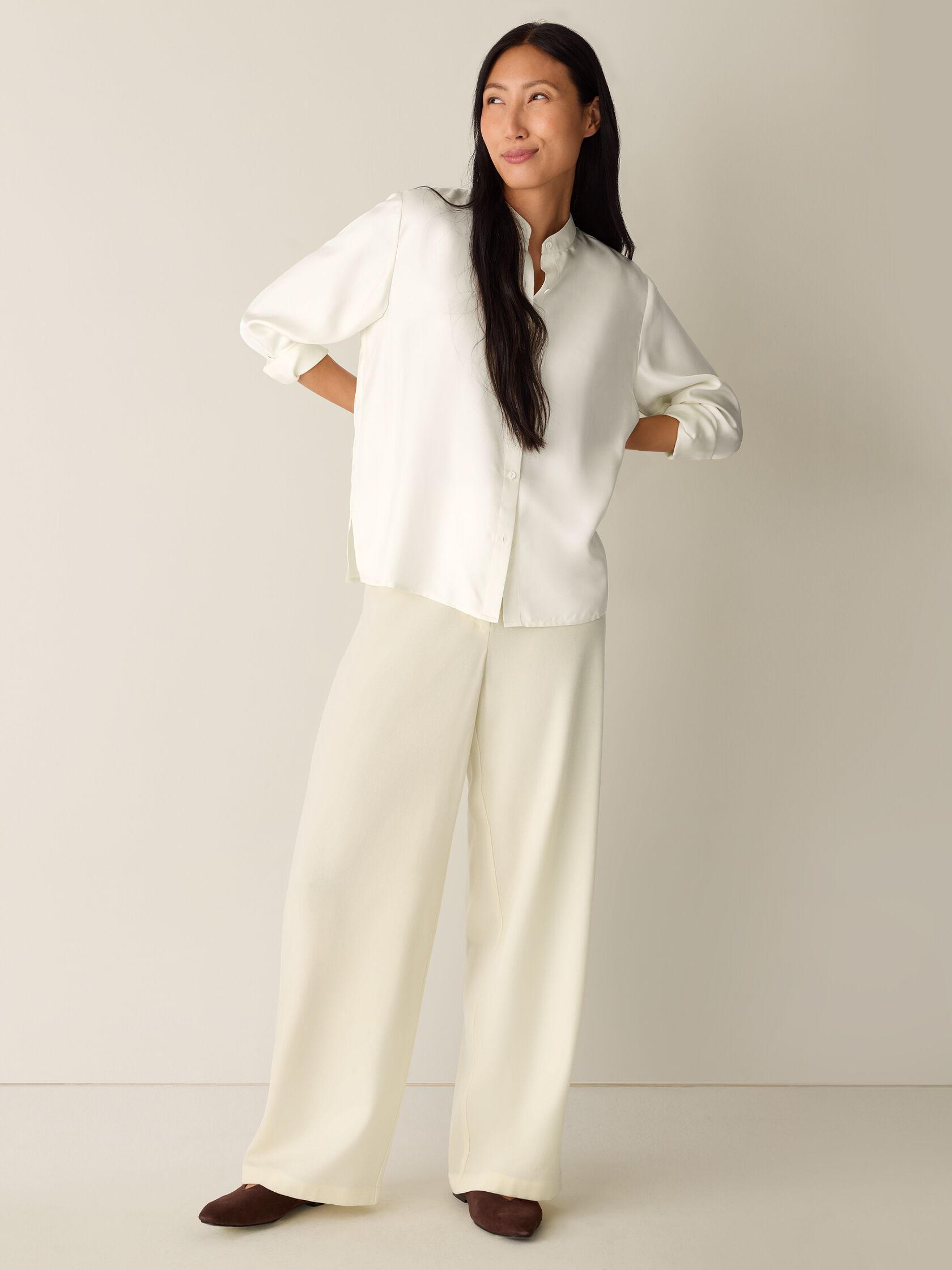 Silk Twill Band Collar Shirt