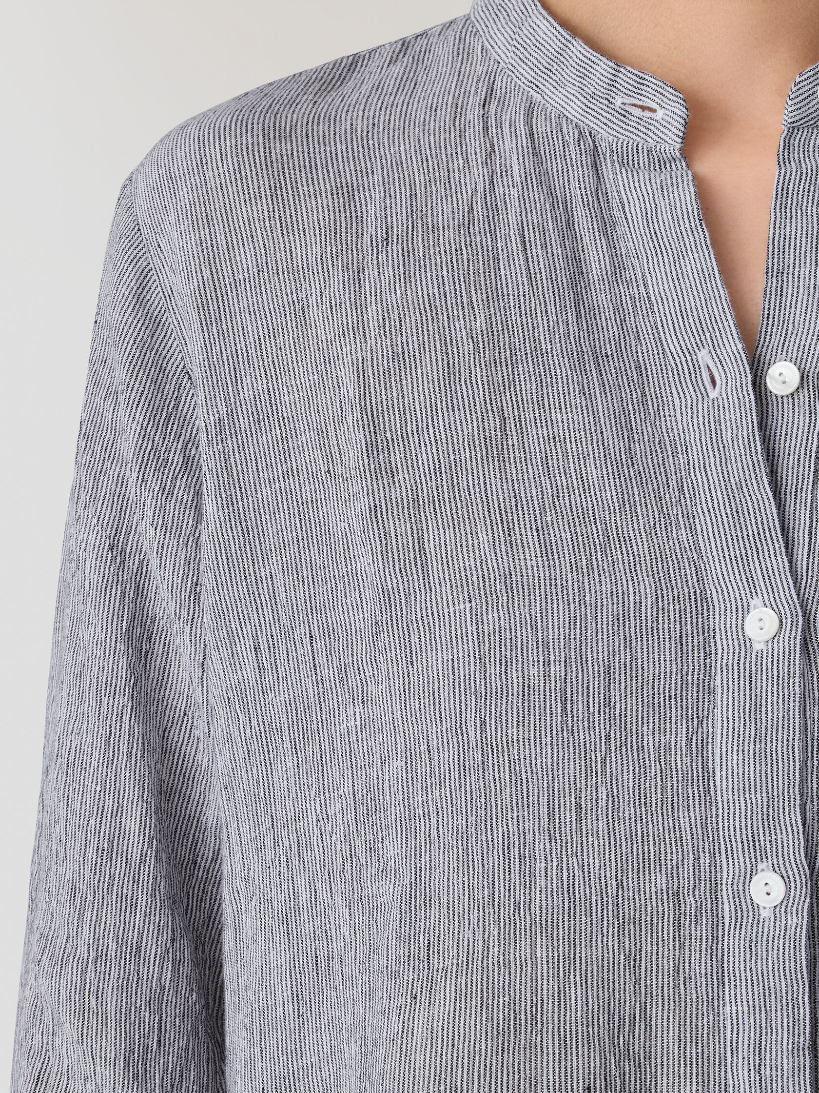 Puckered Organic Linen Stripe Band Collar Shirtdress