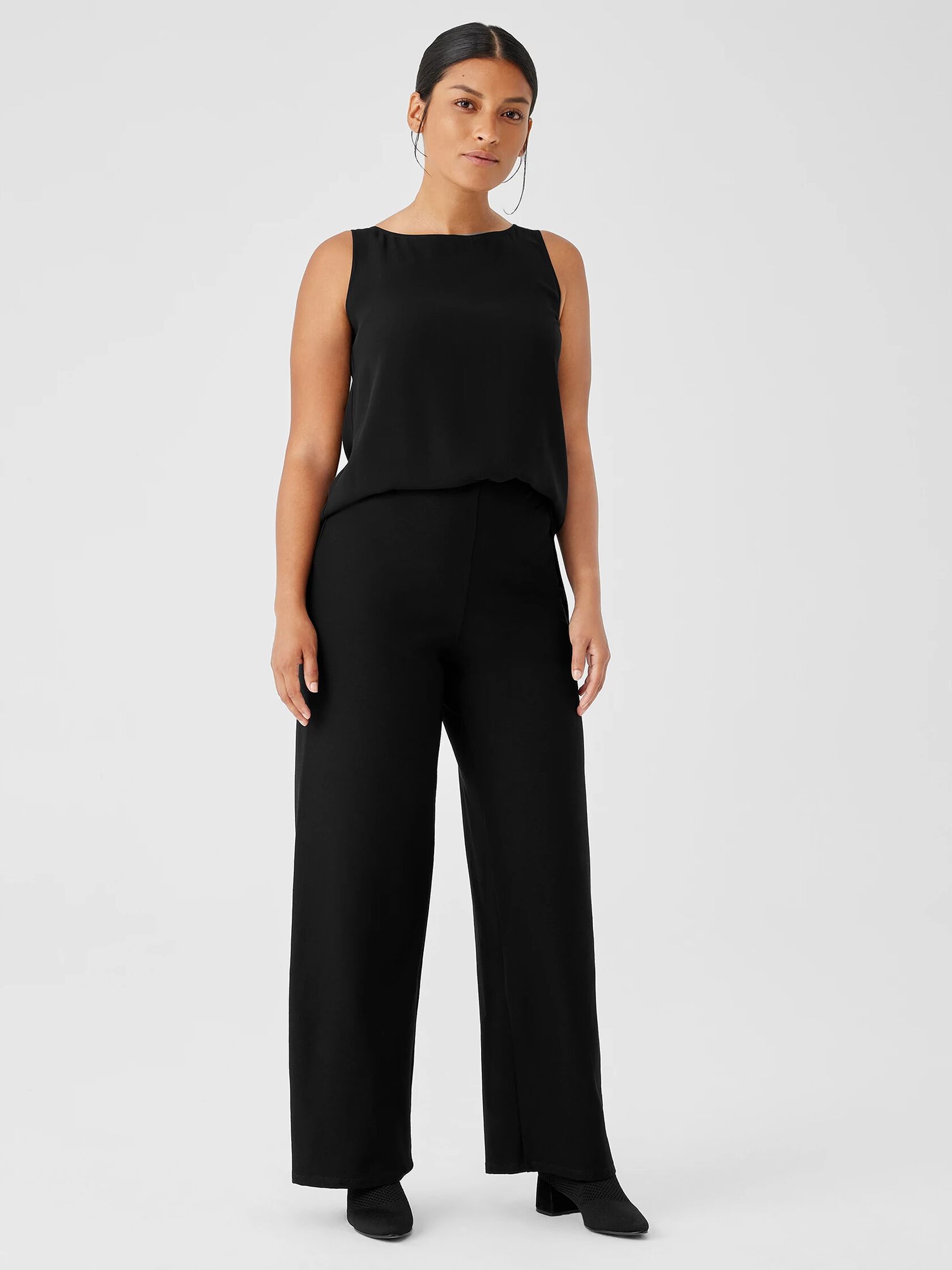 Washable Stretch Crepe High-Waisted Wide Pant