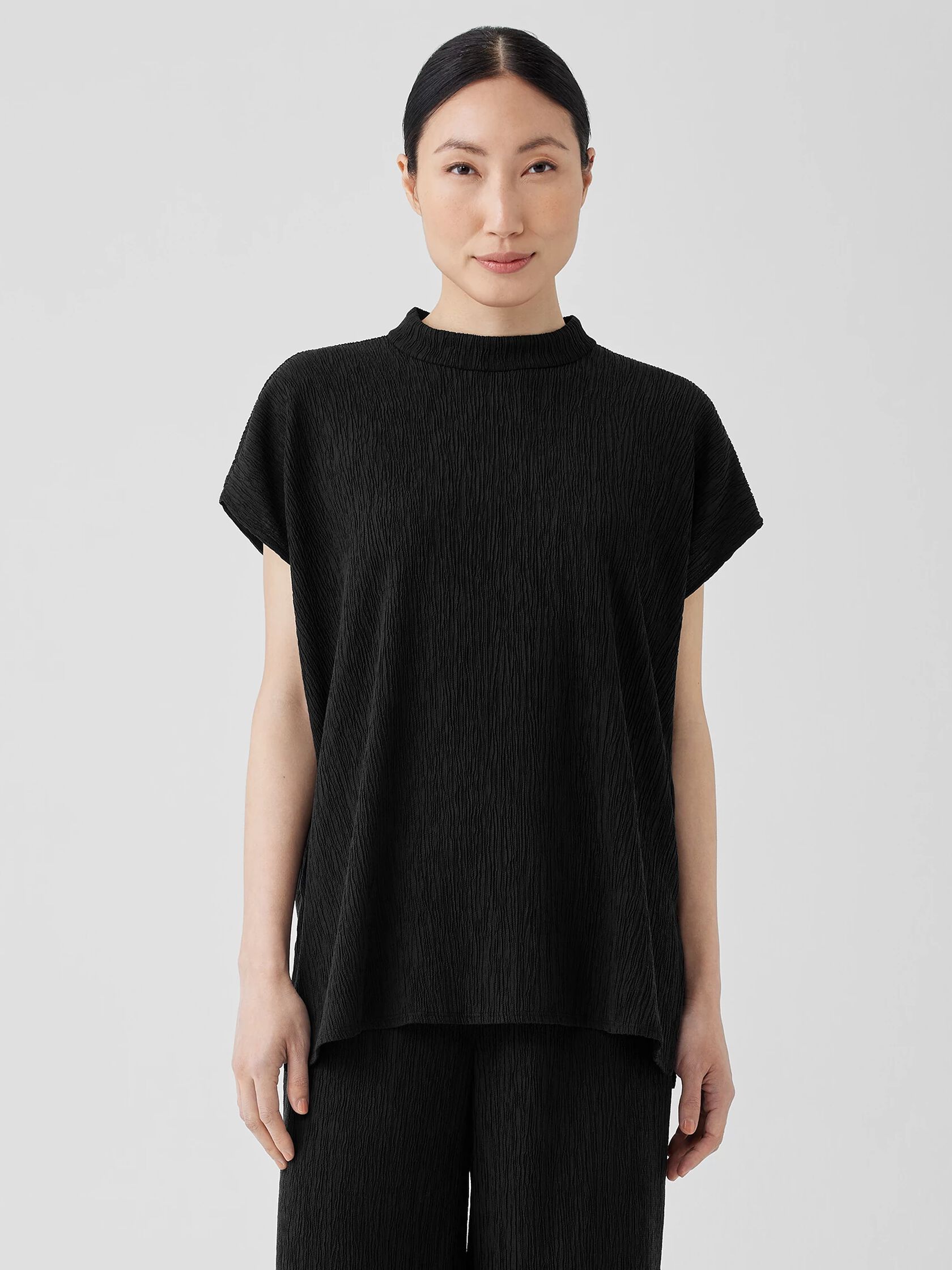 Woven Plissé Mock Neck Top