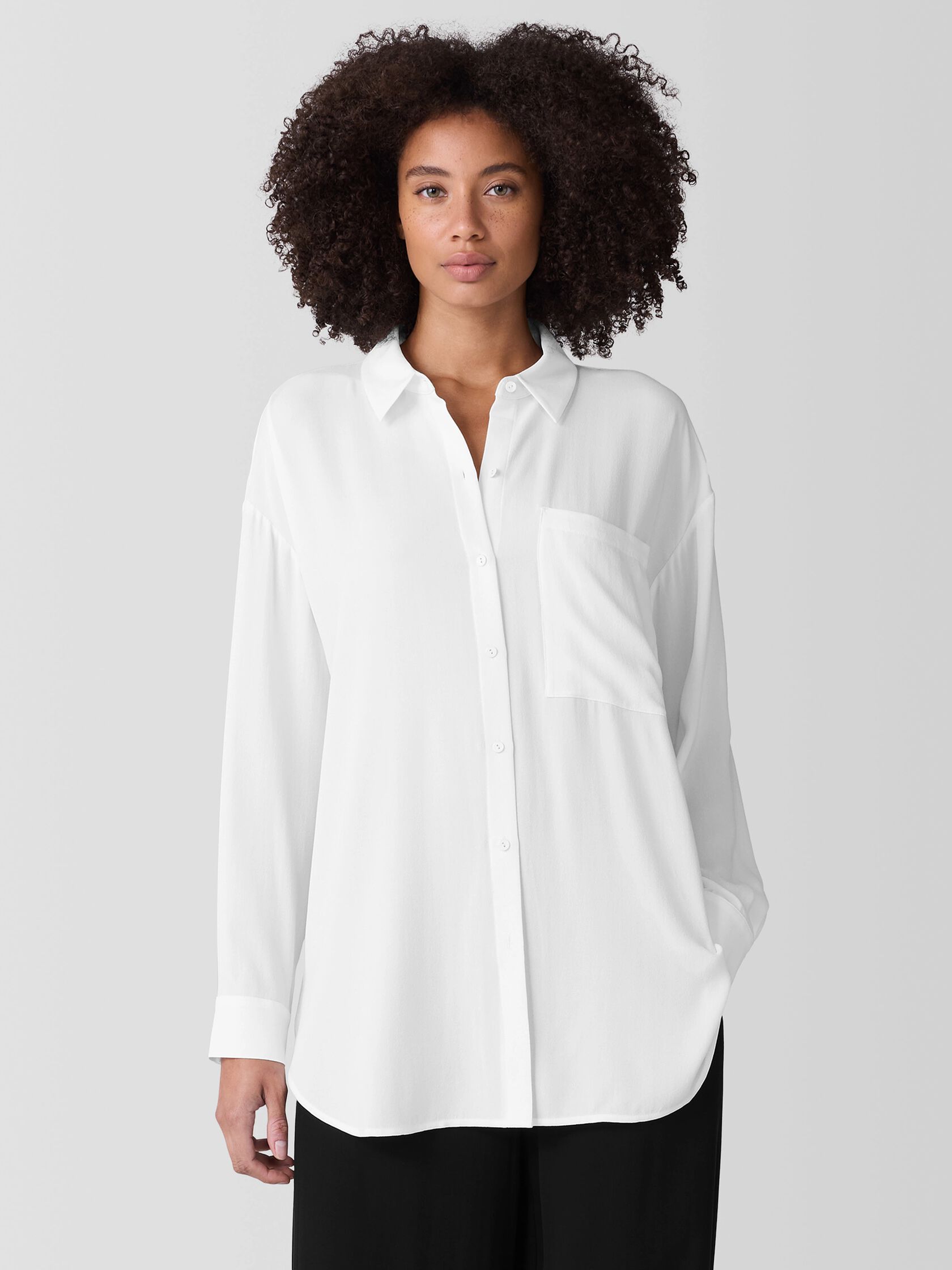 Silk Georgette Crepe Classic Collar Long Shirt