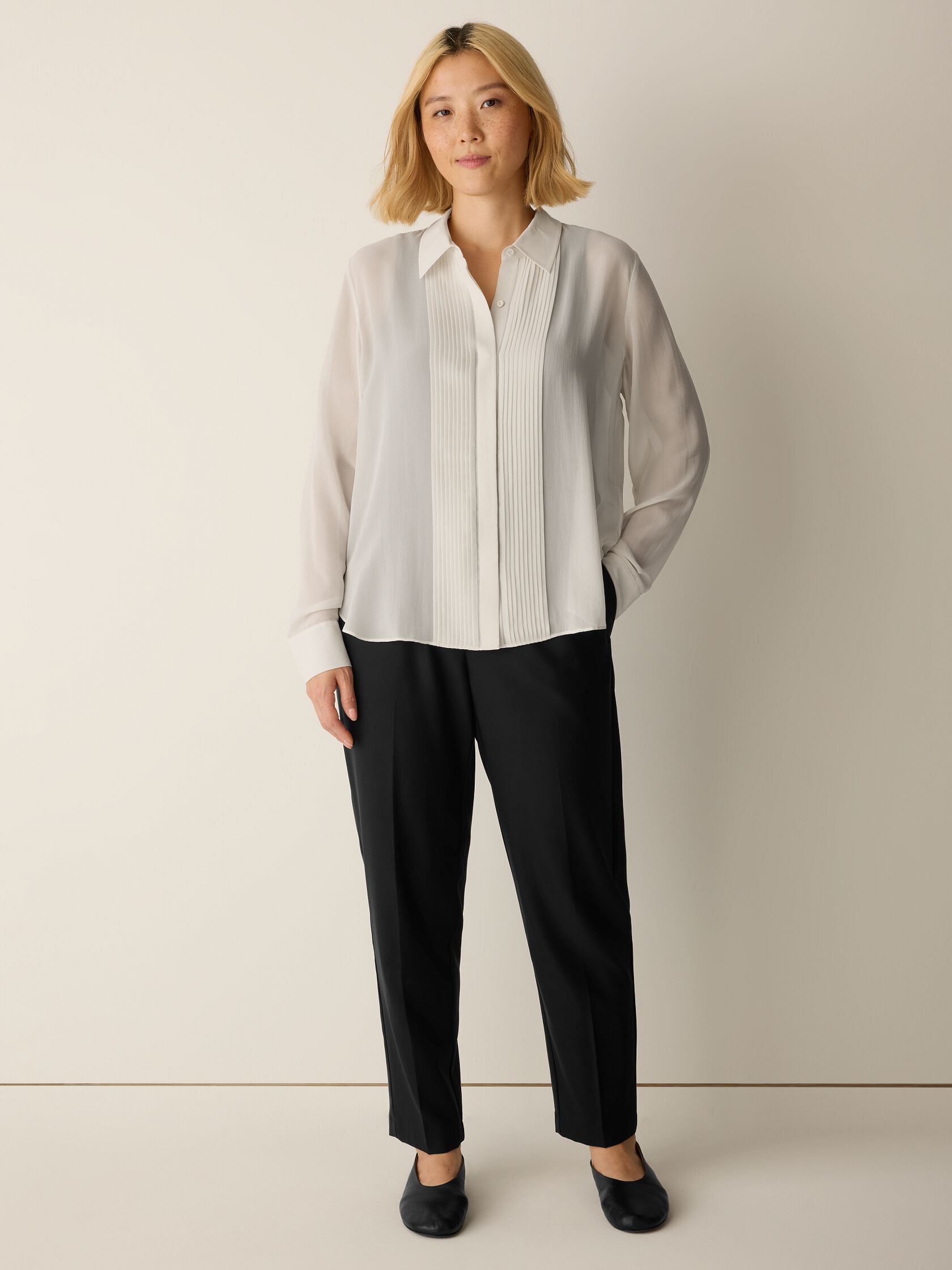 Sheer Silk Georgette Classic Collar Pintuck Shirt
