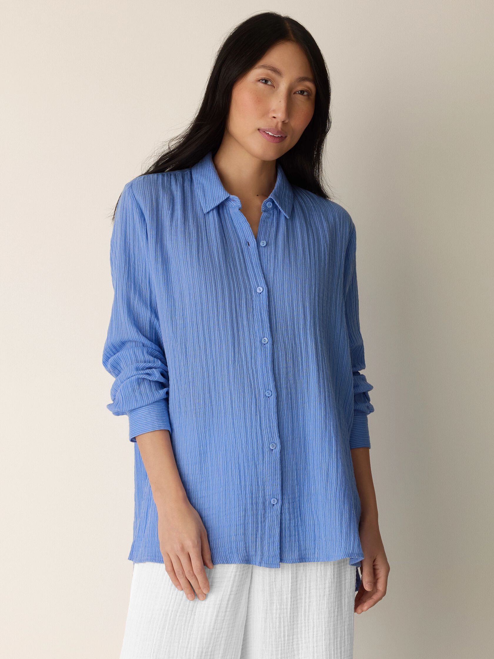 Striped Organic Cotton Gauze Classic Collar Shirt