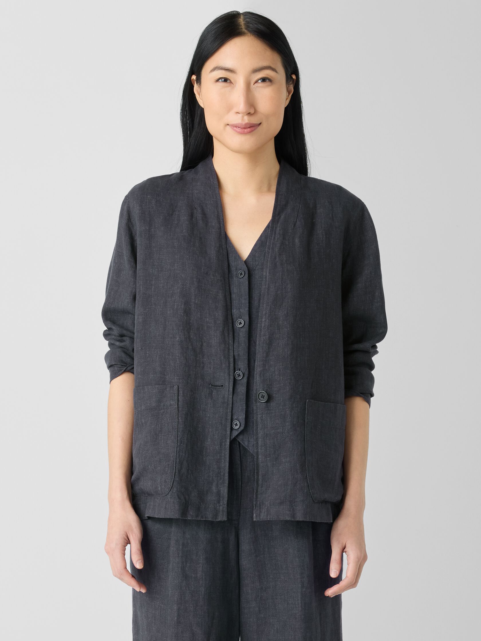 Washed Organic Linen Délavé High Collar Jacket