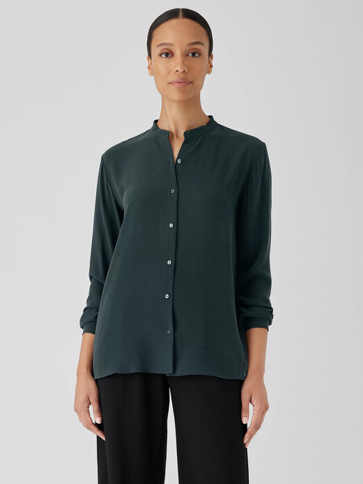 Silk Georgette Crepe Mandarin Collar Shirt