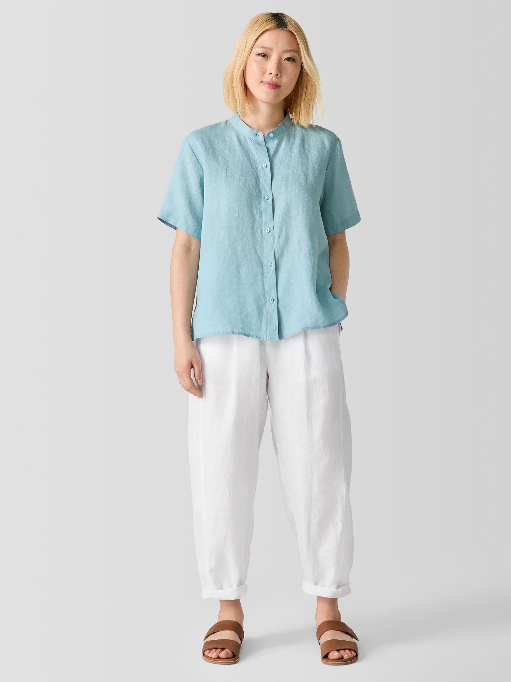 Organic Handkerchief Linen Band Collar Short-Sleeve Shirt