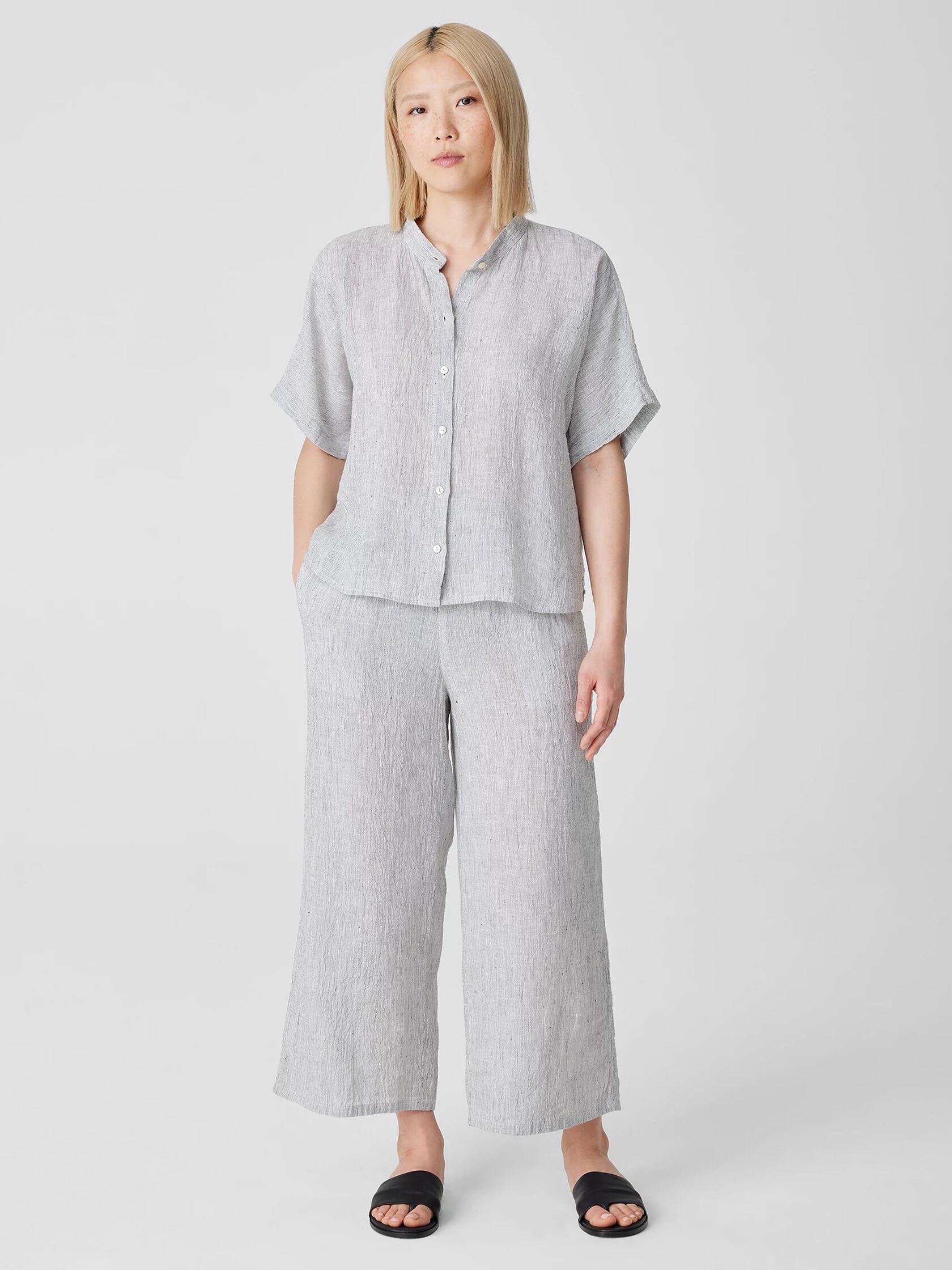 Crinkled Organic Linen Stripe Short-Sleeve Shirt