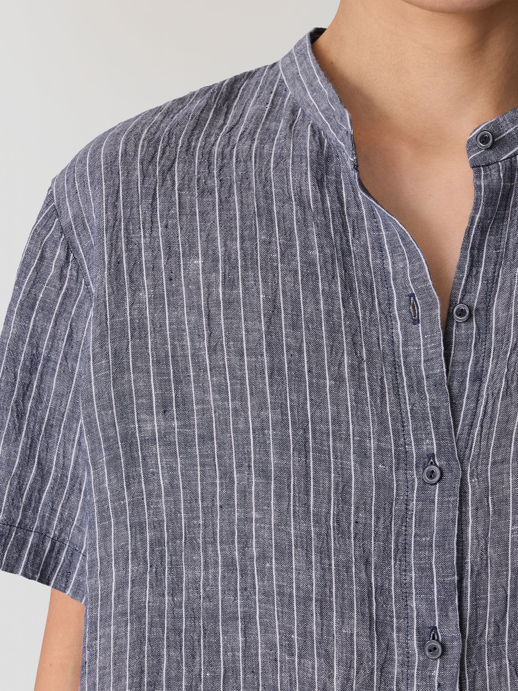 Puckered Organic Linen Band Collar Shirt