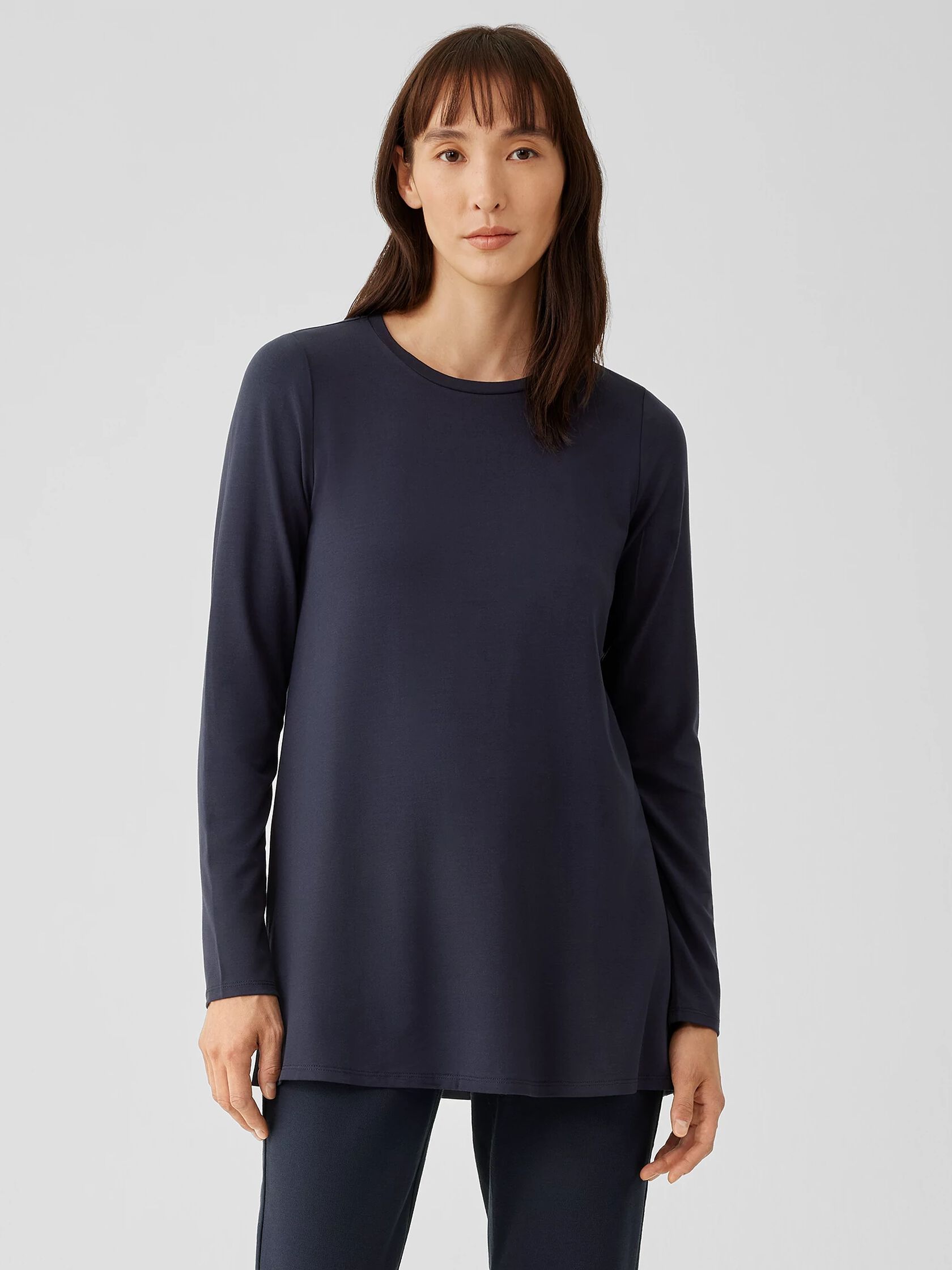 Stretch Jersey Knit Crew Neck Long Top