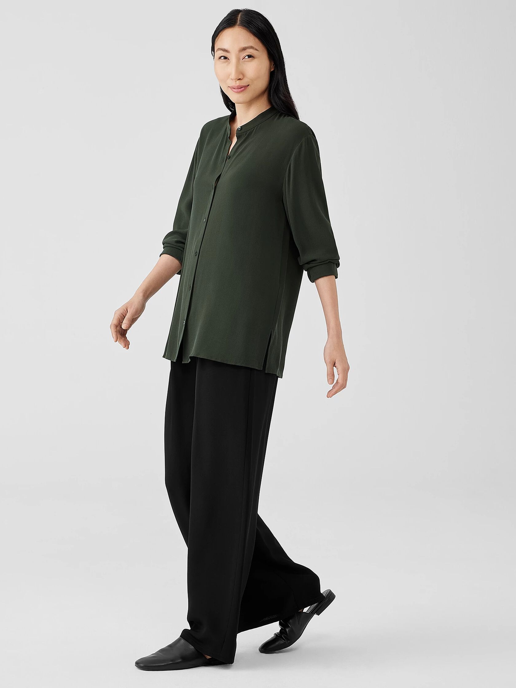 Silk Georgette Crepe Mandarin Collar Shirt