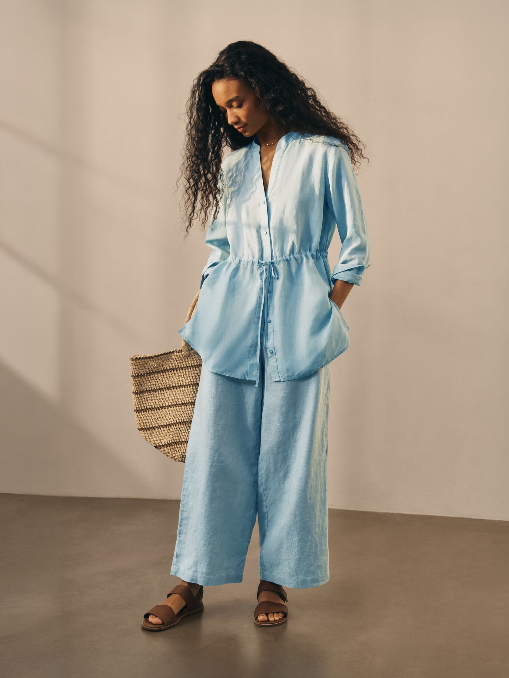 Organic Handkerchief Linen Band Collar Long Shirt