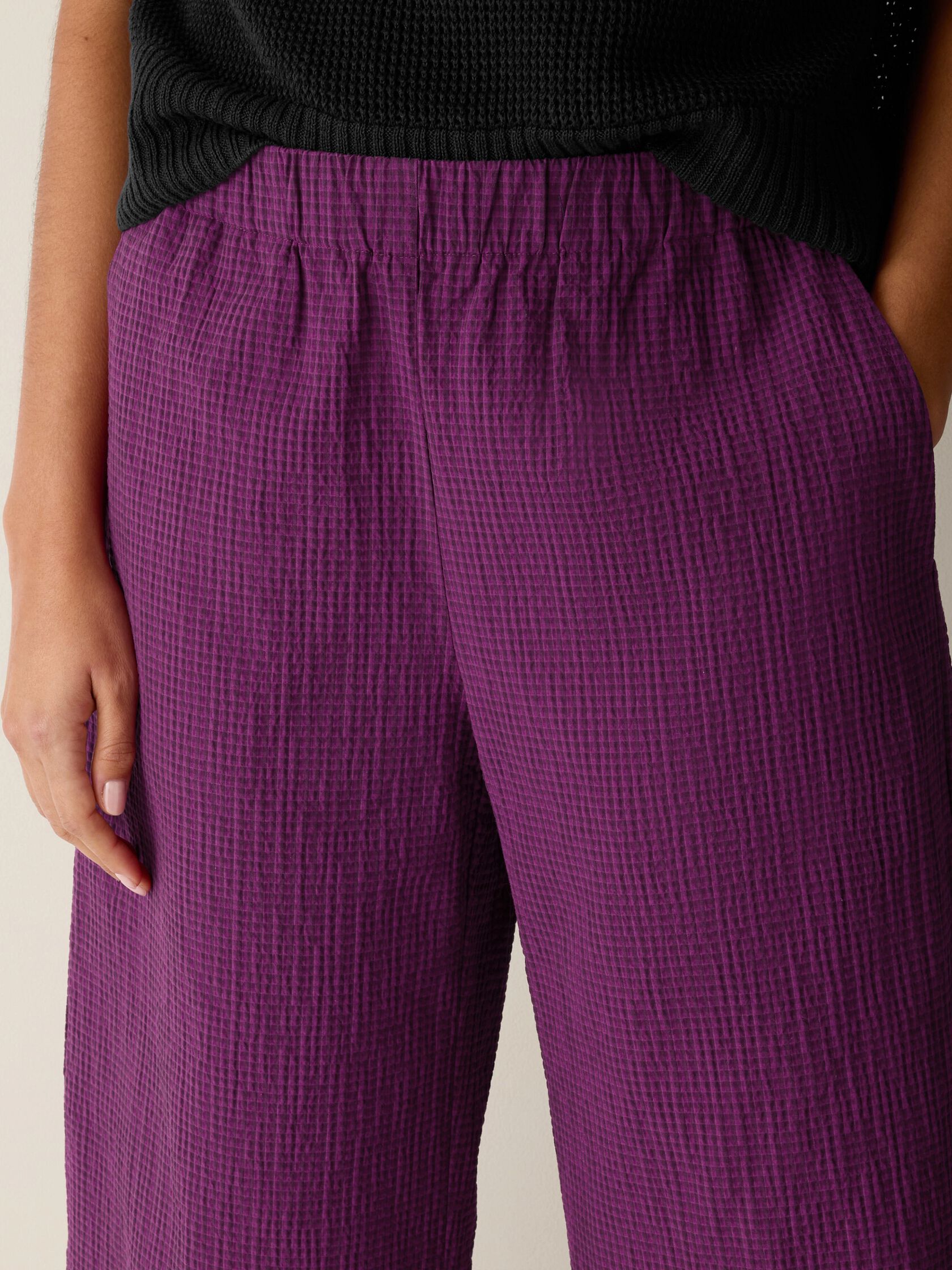 Organic Cotton Pucker Check Wide-Leg Pant
