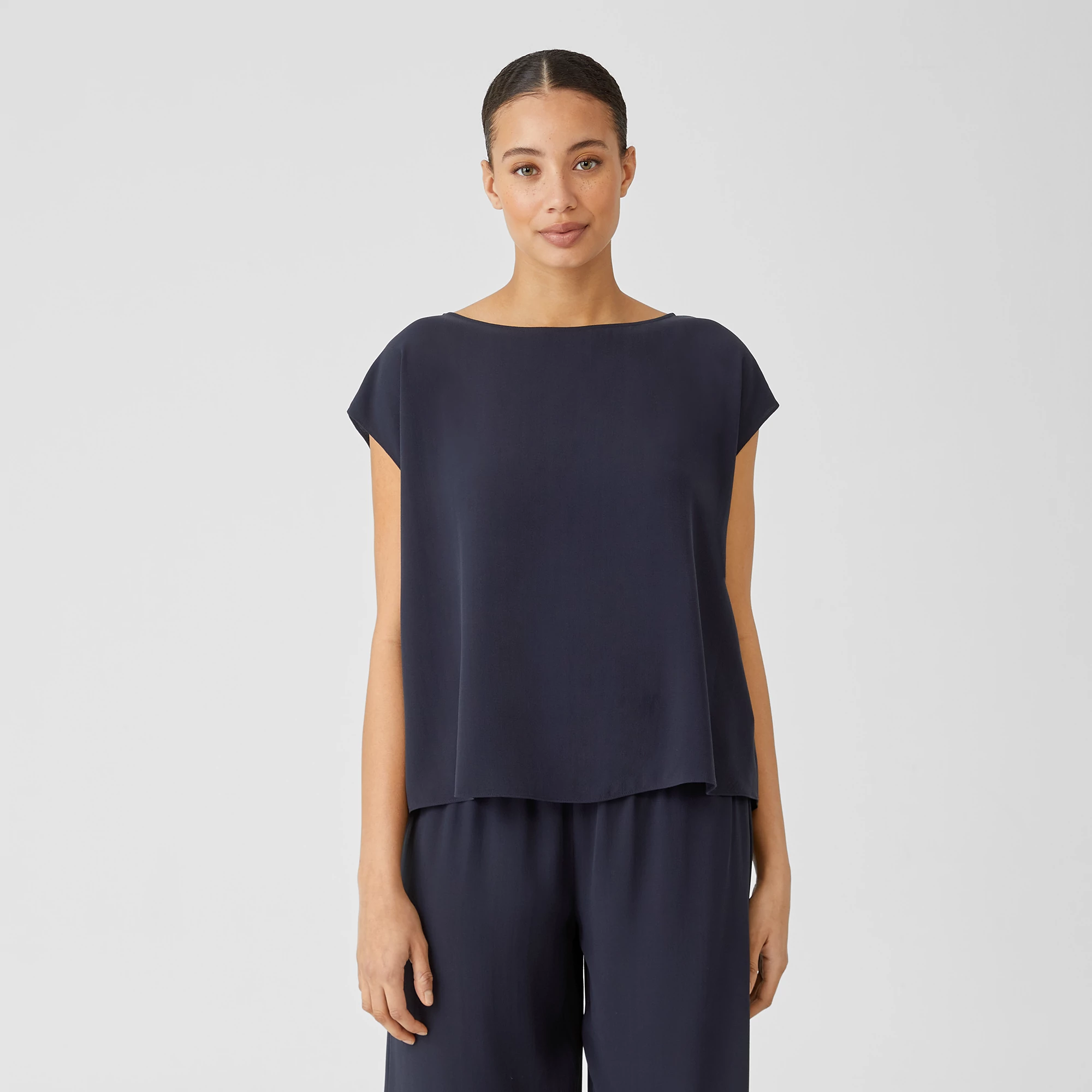 NWT Eileen Fisher SYSTEM Midnight/Navy Blue Silk Crepe Long Tunic Shell $218 S 