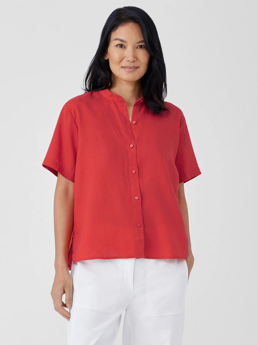 Organic Handkerchief Linen Band Collar Short-Sleeve Shirt