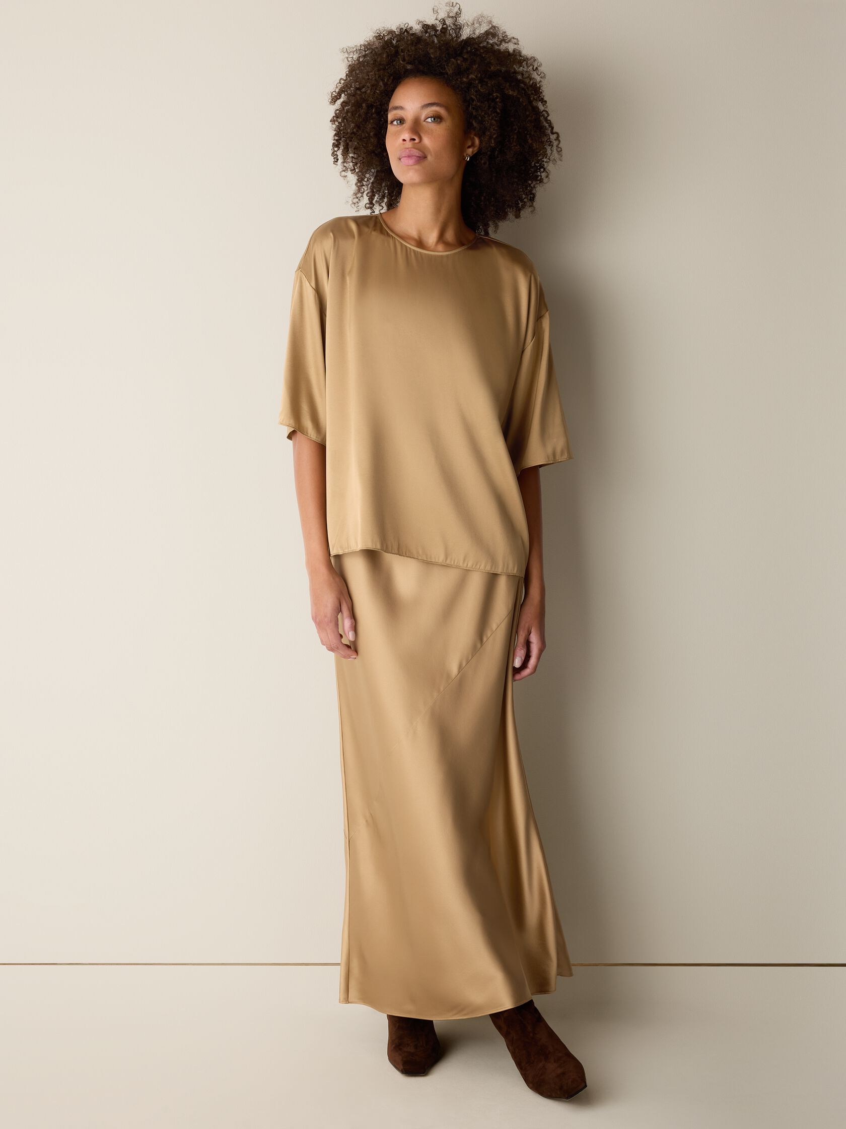 Stretch Silk Charmeuse Round Neck Top