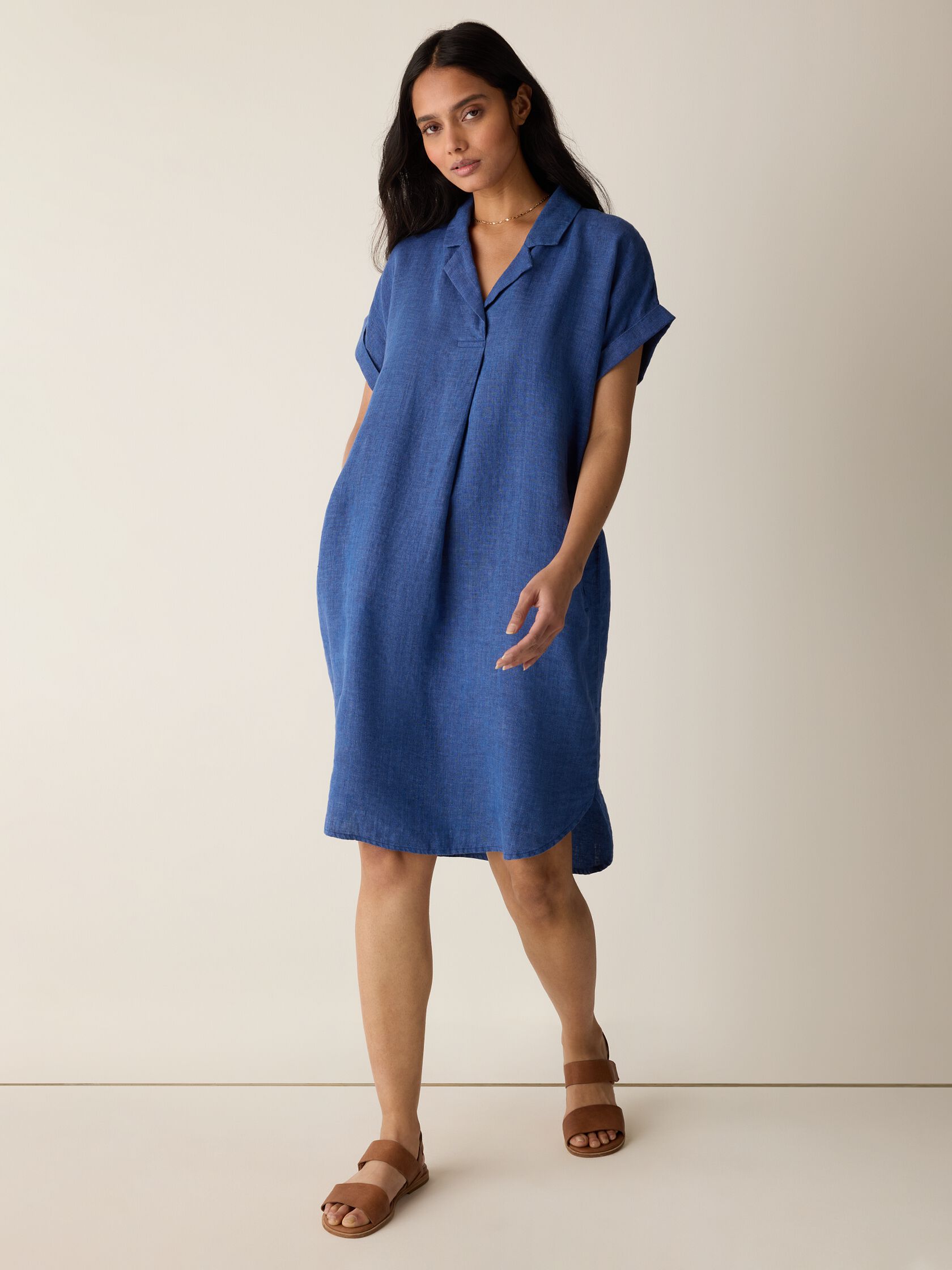 Washed Organic Linen D&eacute;lav&eacute; Notch Collar Dress