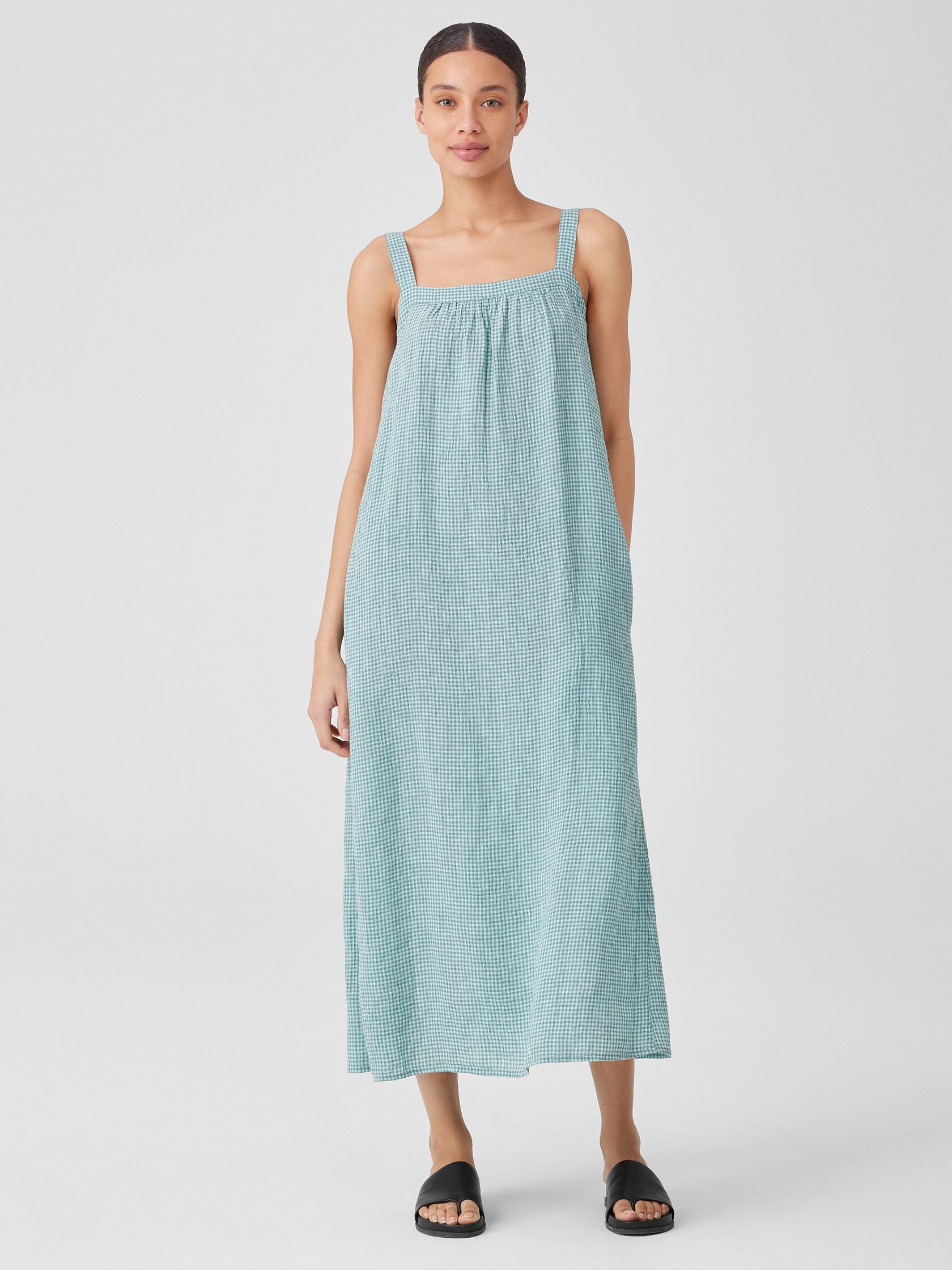 Puckered Organic Linen Square Neck Dress