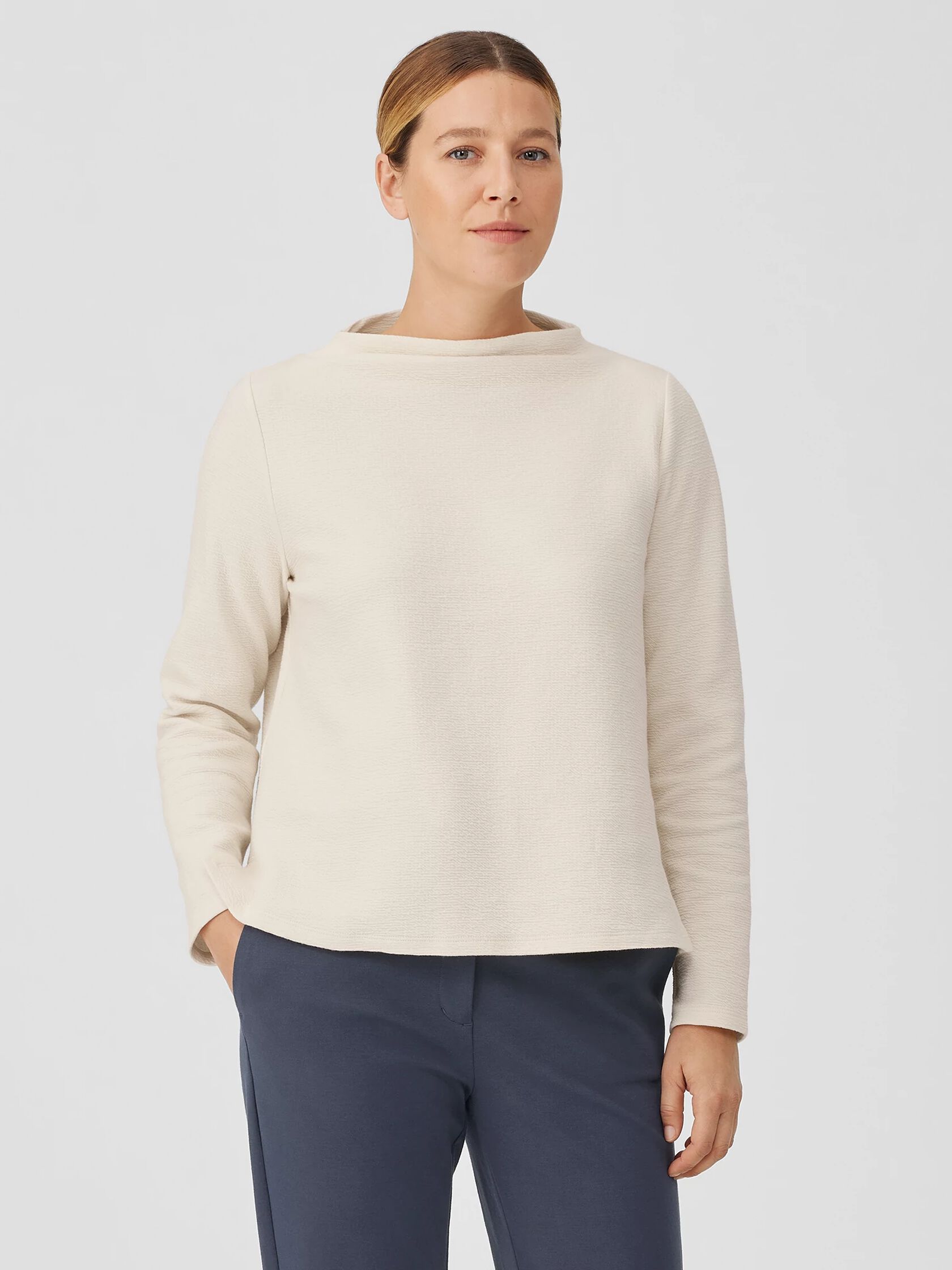 Organic Cotton Crinkled Knit Funnel Neck Top