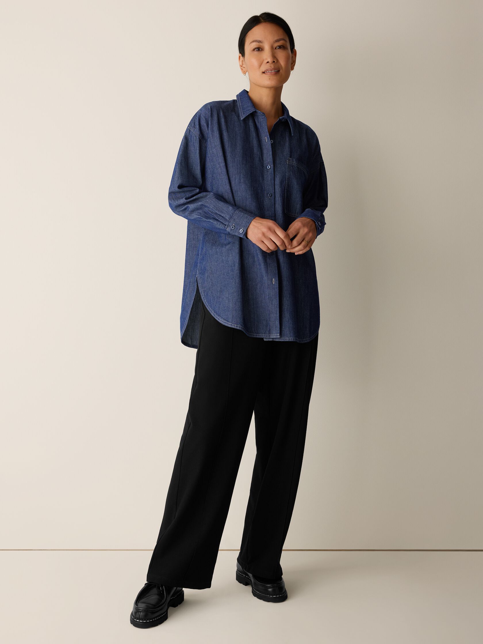 Lightweight Organic Cotton Denim Classic Collar Long Shirt