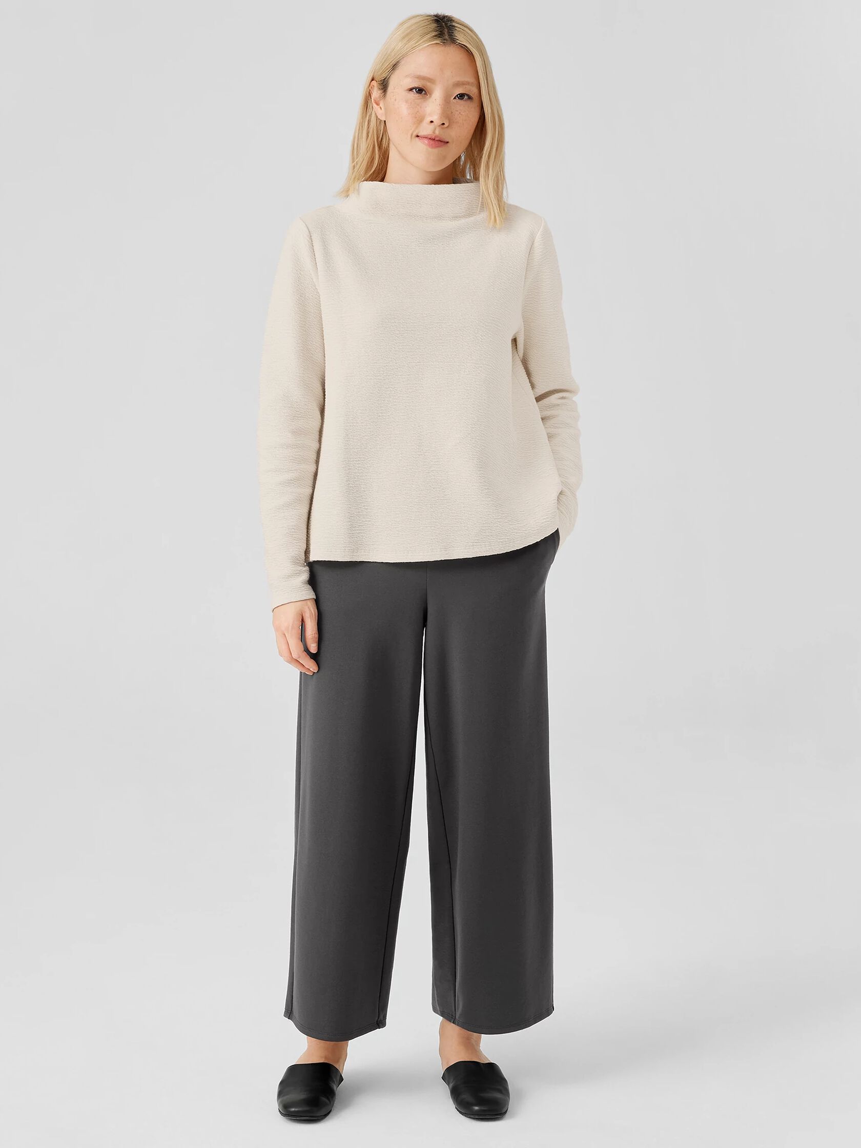 Organic Cotton Crinkled Knit Funnel Neck Top