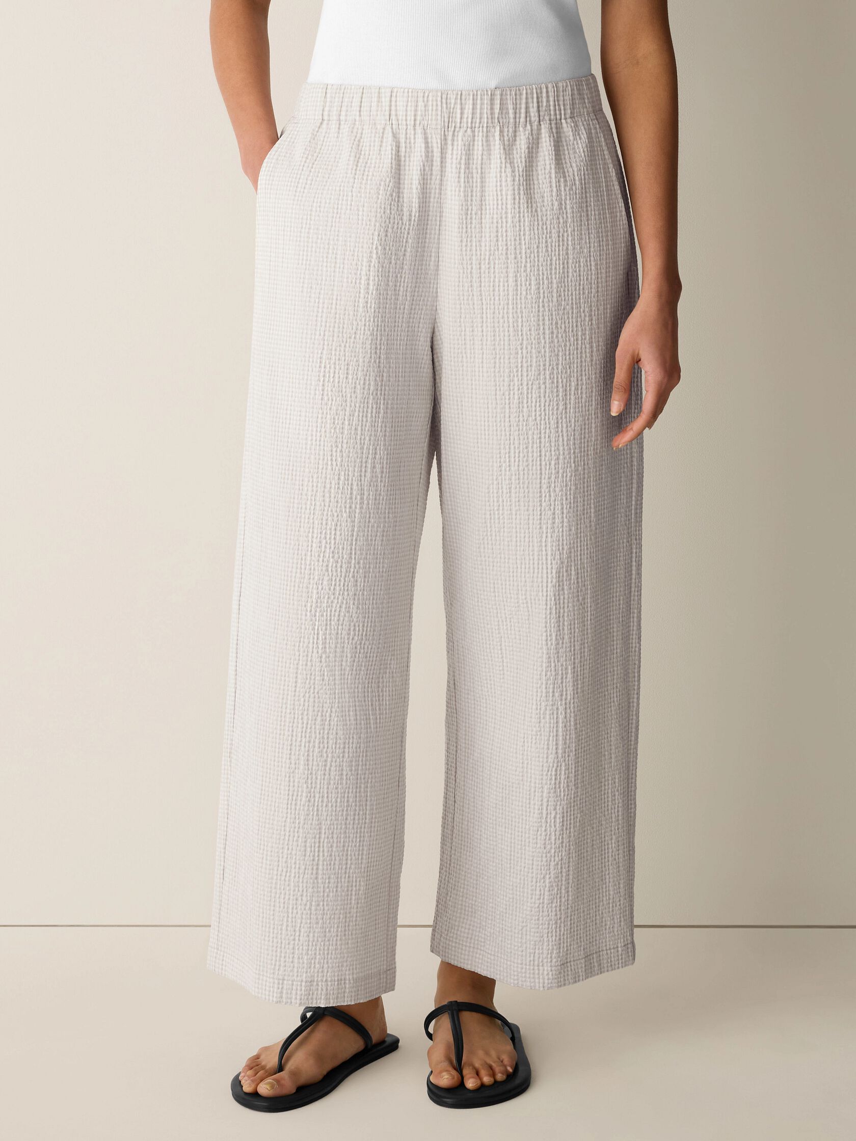 Organic Cotton Pucker Check Wide-Leg Pant