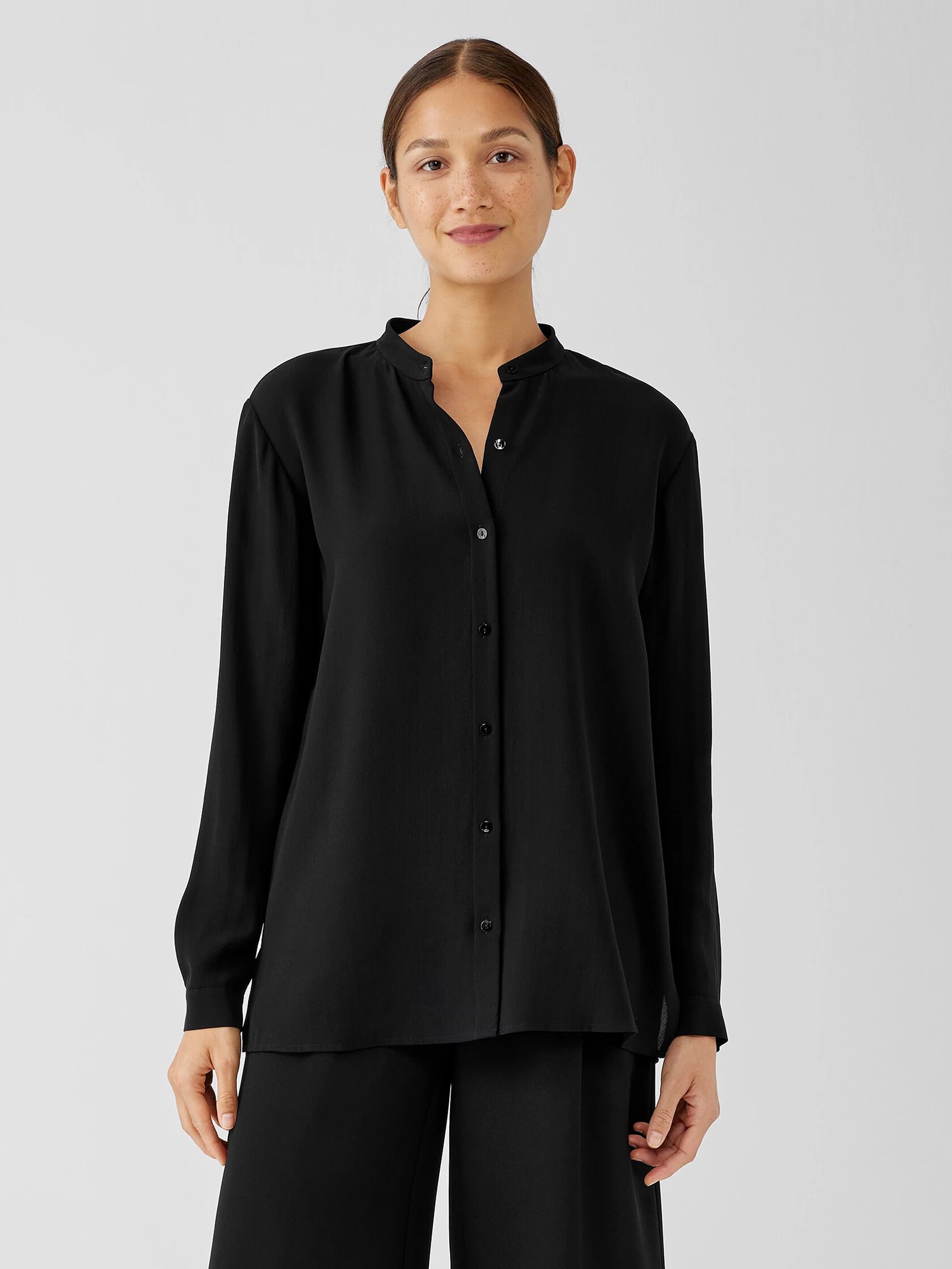 Silk Georgette Crepe Mandarin Collar Shirt