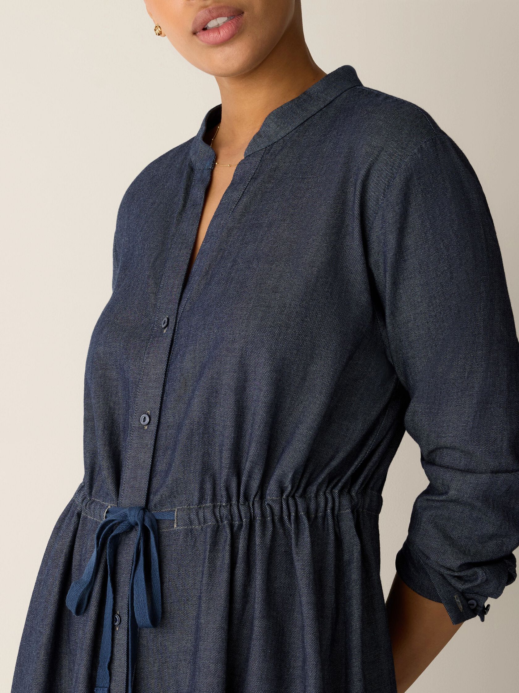 Airy Organic Cotton Twill Band Collar Shirtdress