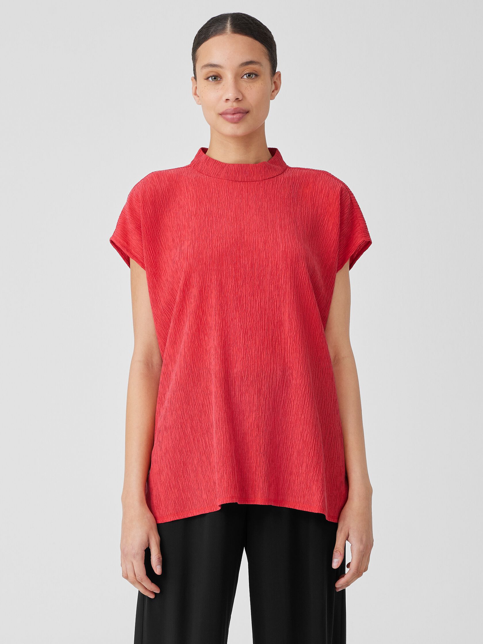 Woven Plisse Mock Neck Top