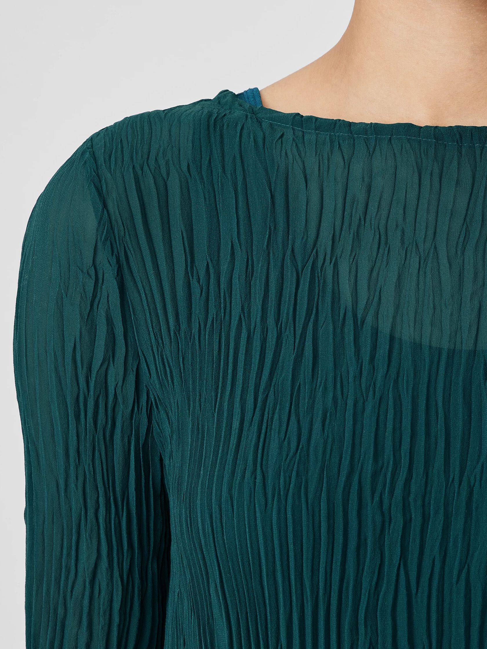 Crinkled Sheer Silk Georgette Bateau Neck Long Top