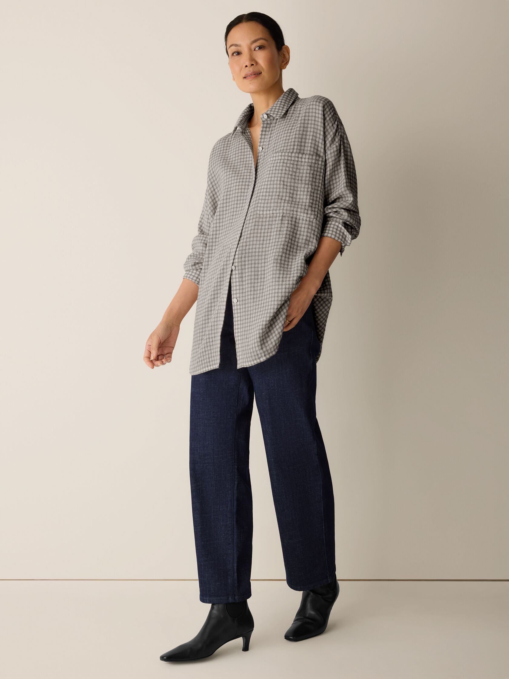 Wool Cotton Check Classic Collar Long Shirt