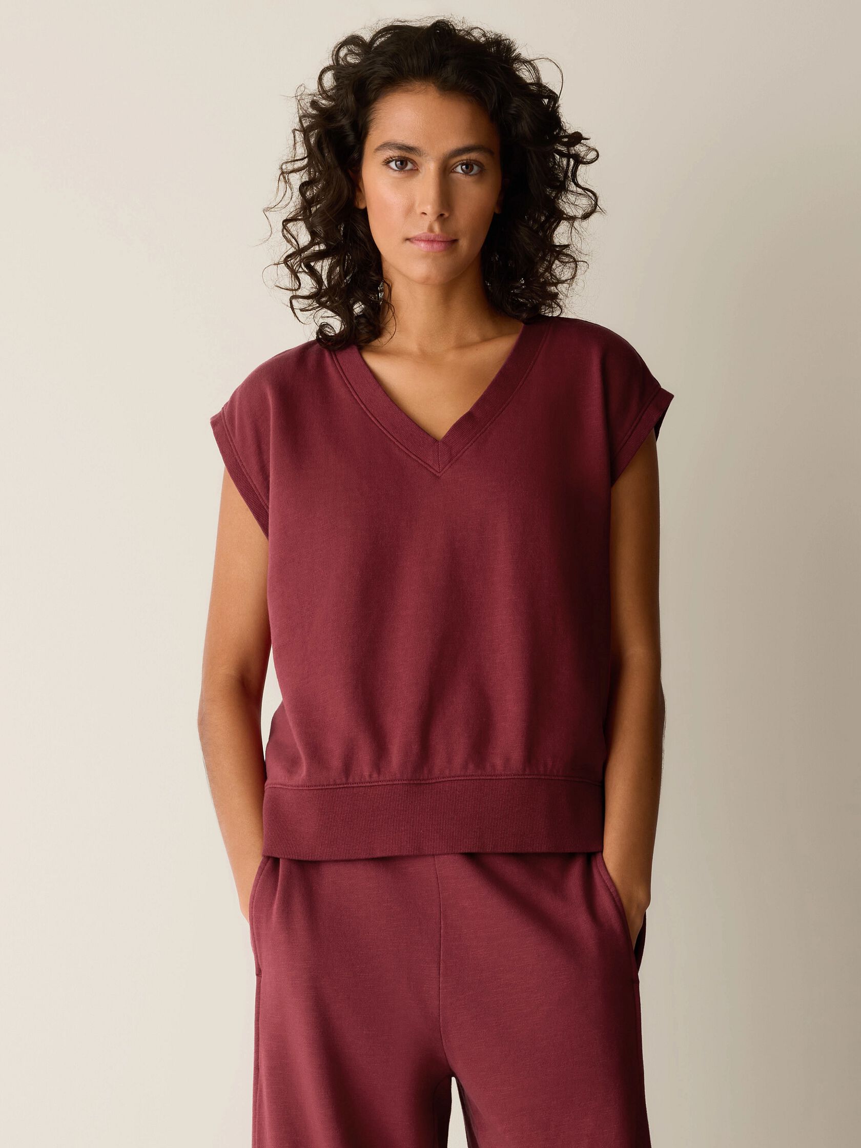 Garment-Dyed Organic Cotton Terry V-Neck Top