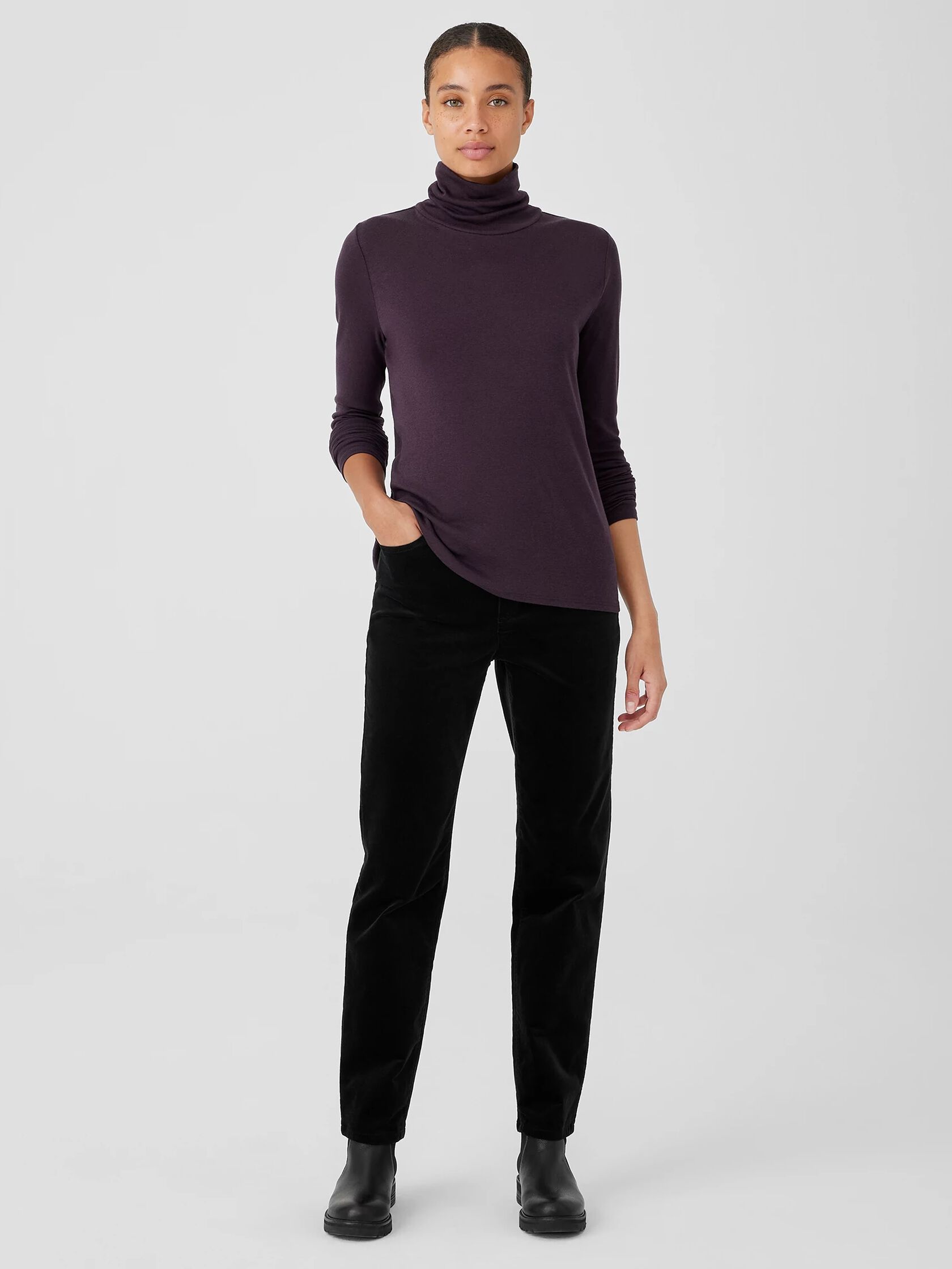 Ribbed Pima Cotton Blend Turtleneck Top