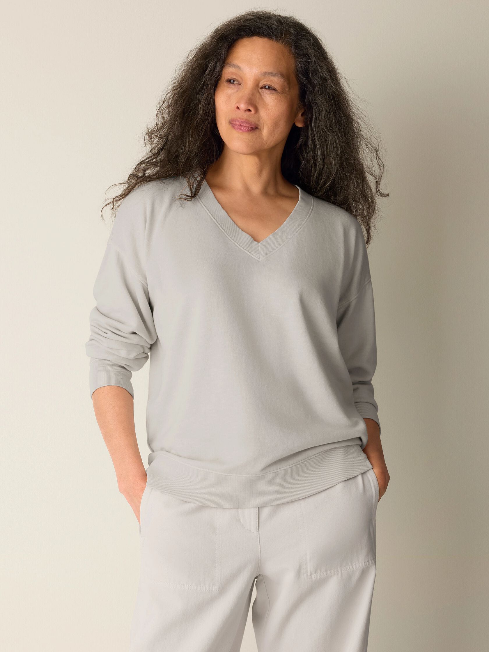 Garment-Dyed Organic Cotton Terry V-Neck Top