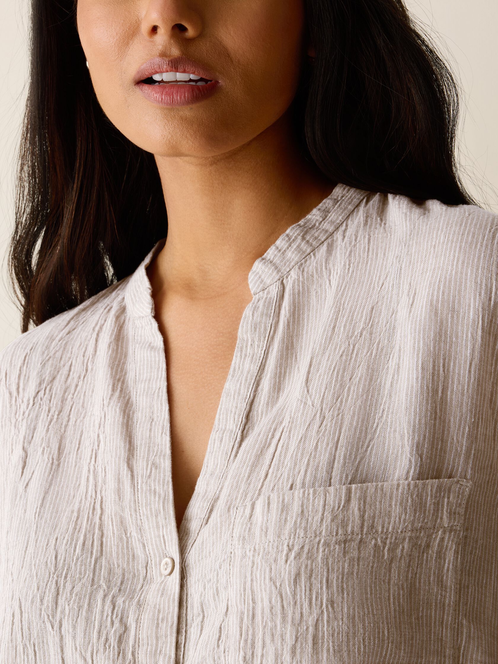 Puckered Organic Linen Stripe Band Collar Shirt