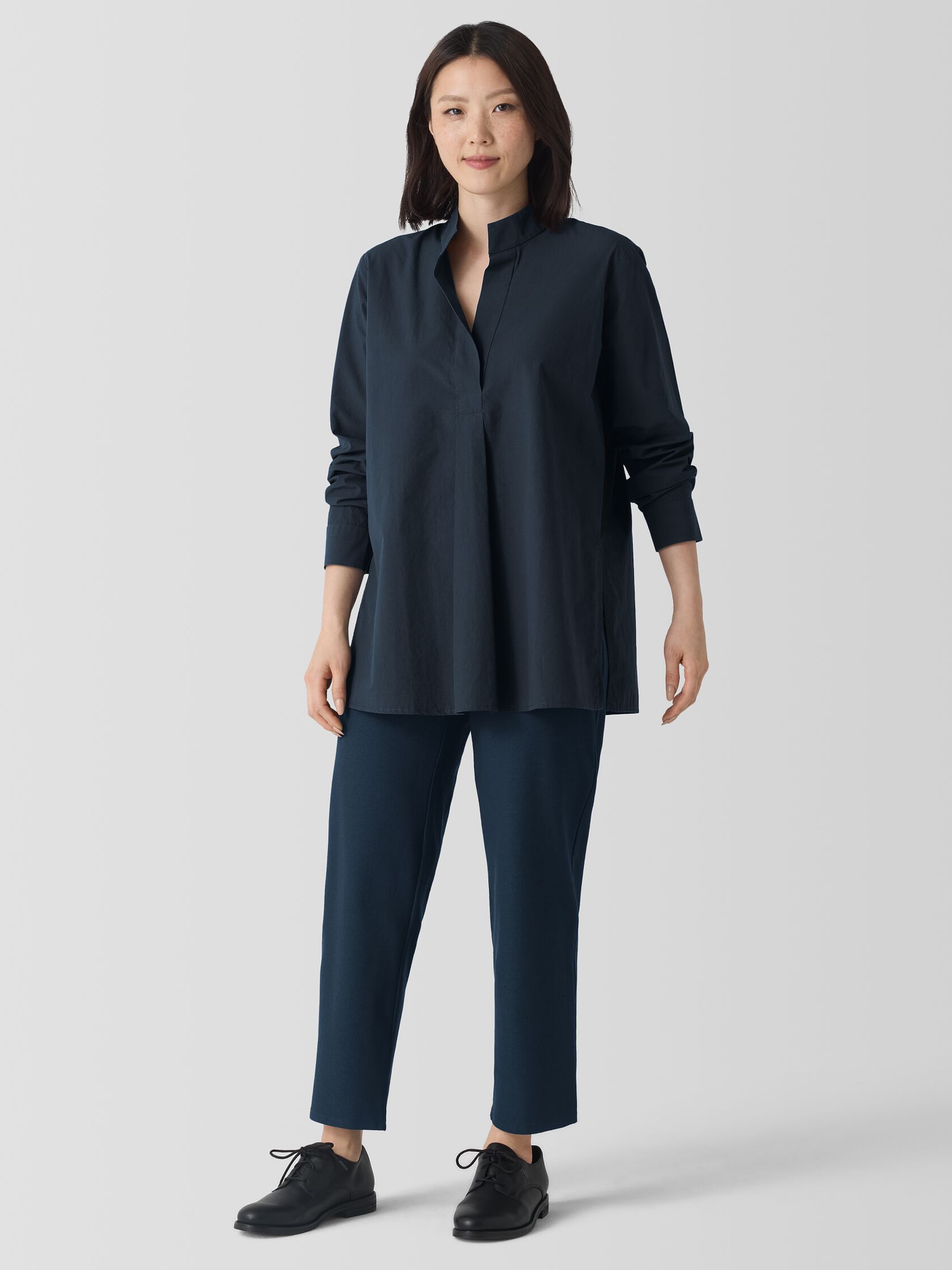 Washed Organic Cotton Poplin Stand Collar Top