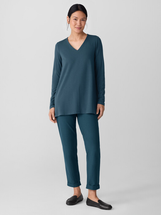 Fine Stretch Jersey Knit V-Neck Long Top