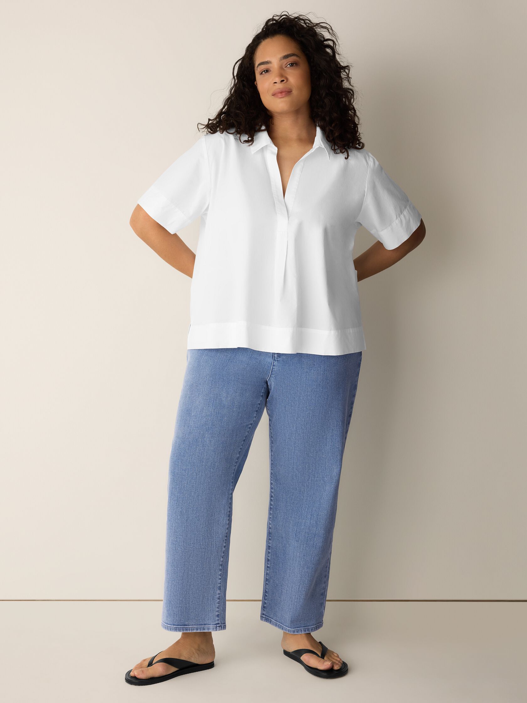 Organic Cotton Poplin Split Neck Top