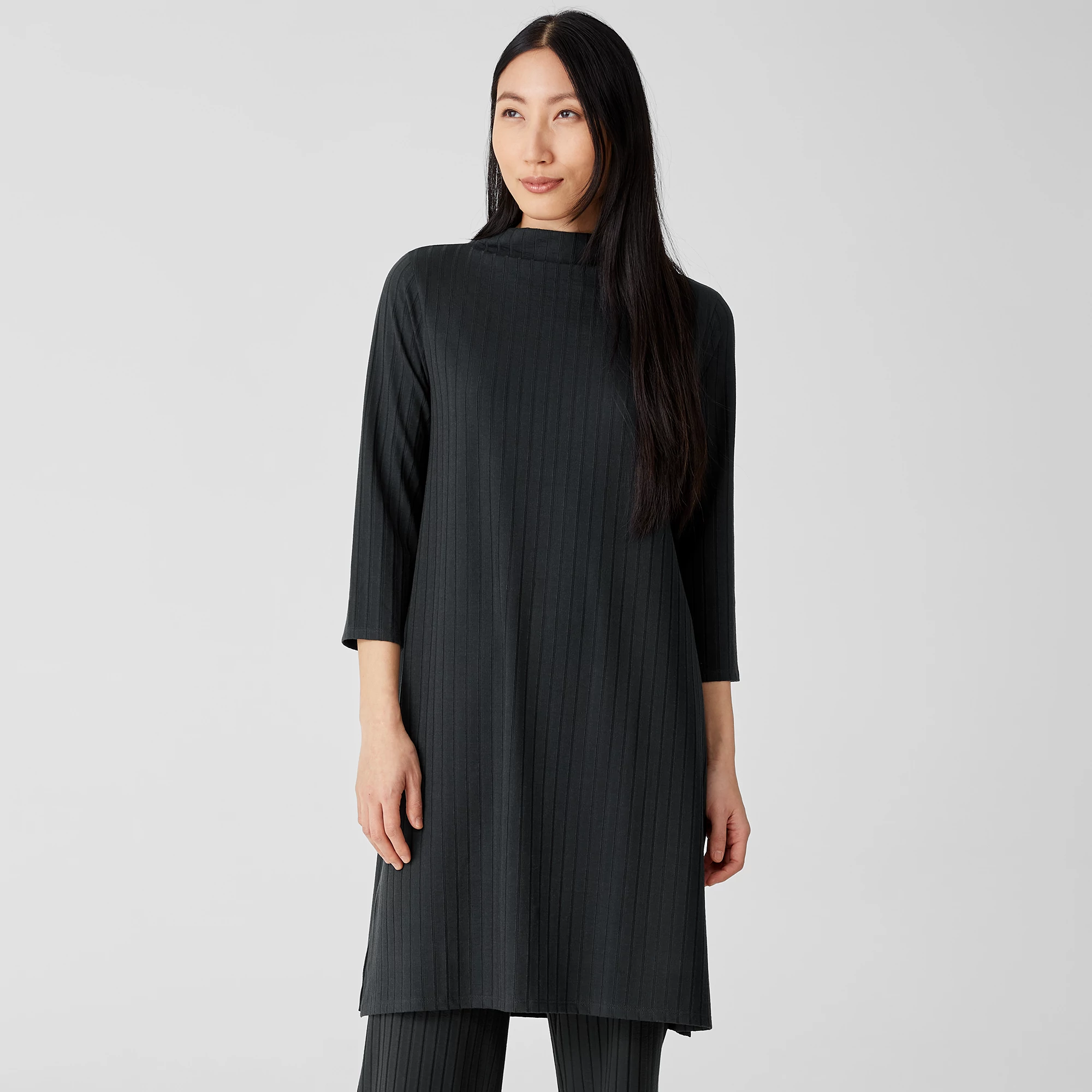 Washable Stretch Rib Funnel Neck Dress 