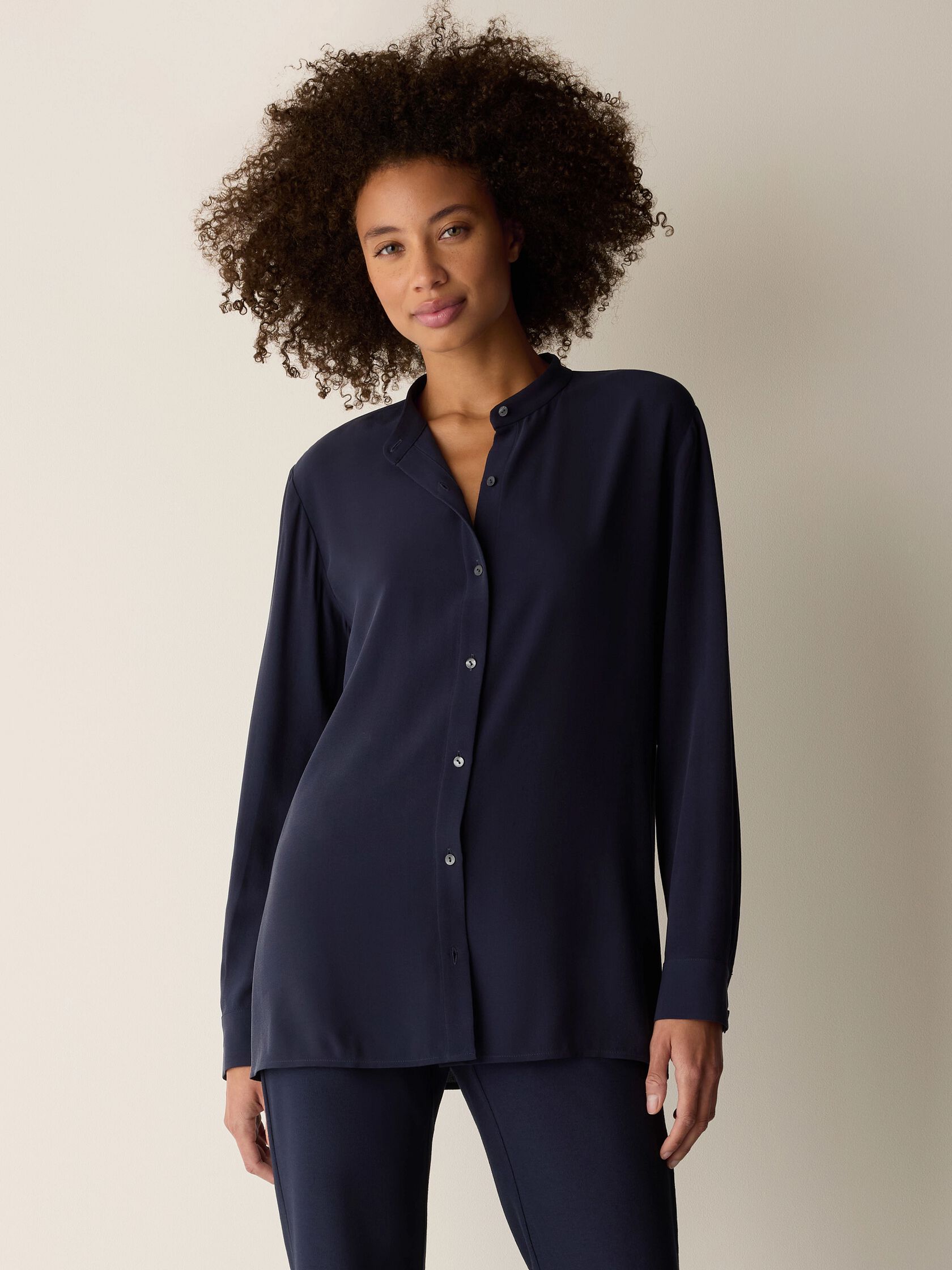 Silk Georgette Crepe Band Collar Shirt