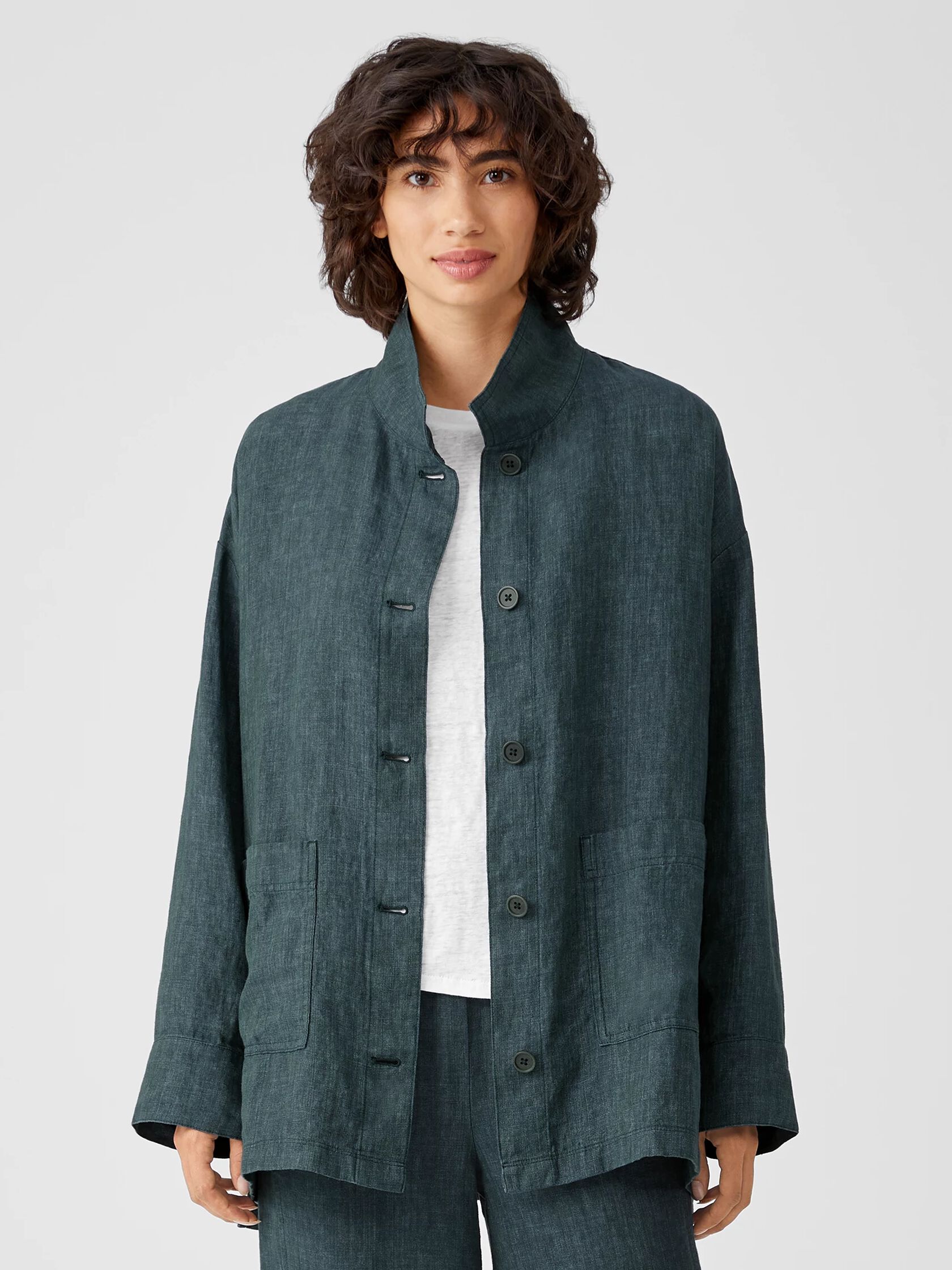 Washed Organic Linen Delave Stand Collar Jacket