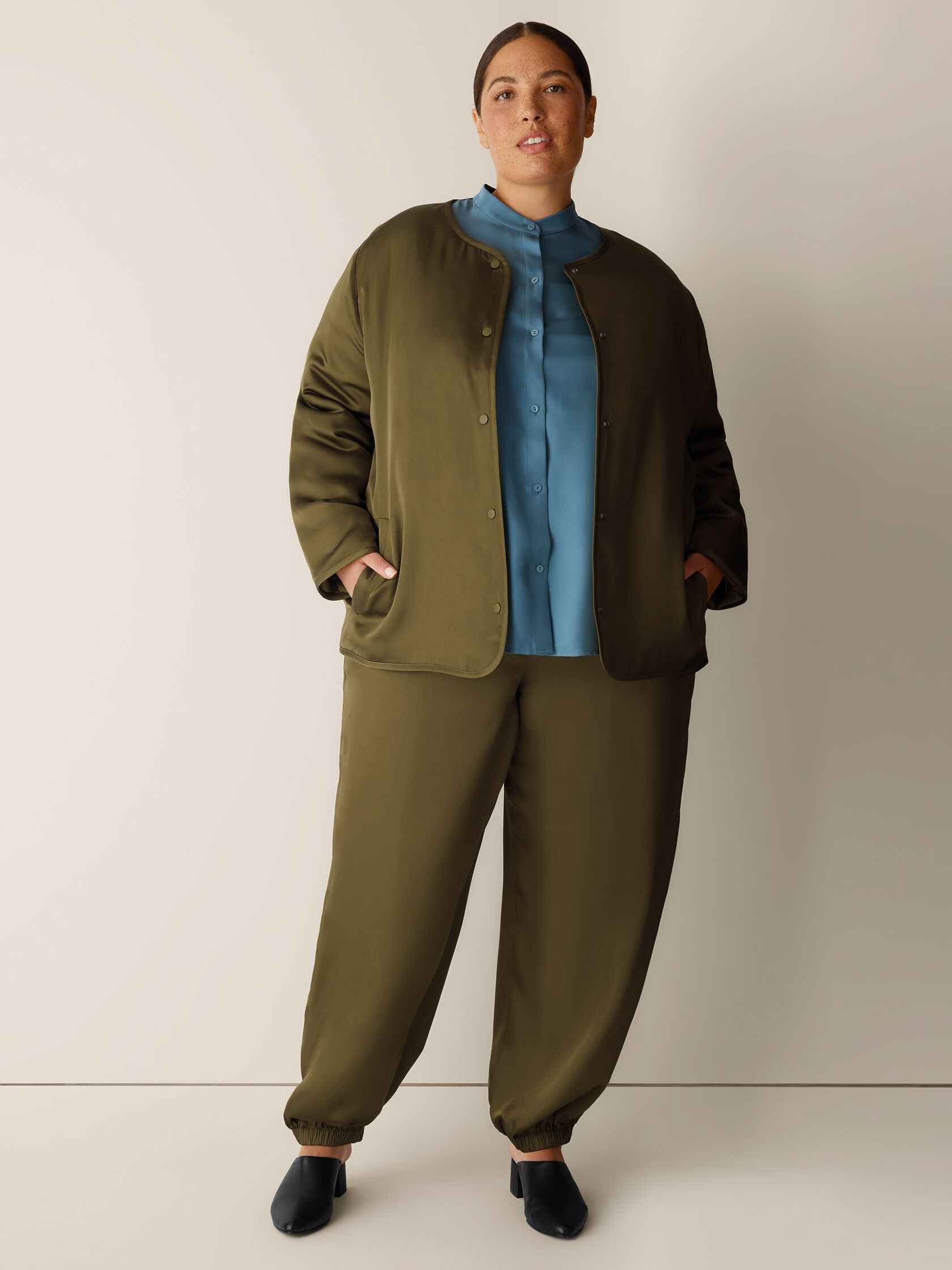 Smooth Satin Shimmer Padded Round Neck Jacket