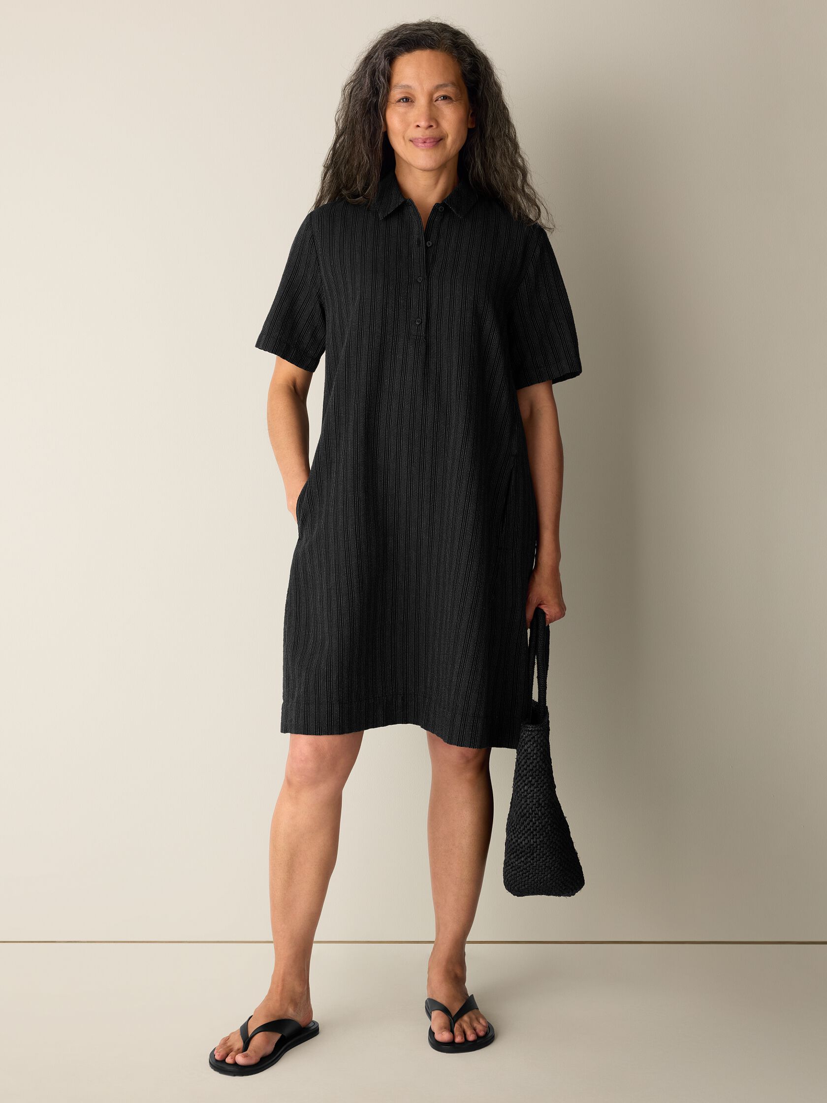 Cotton Blend Stripe Stitch Classic Collar Dress