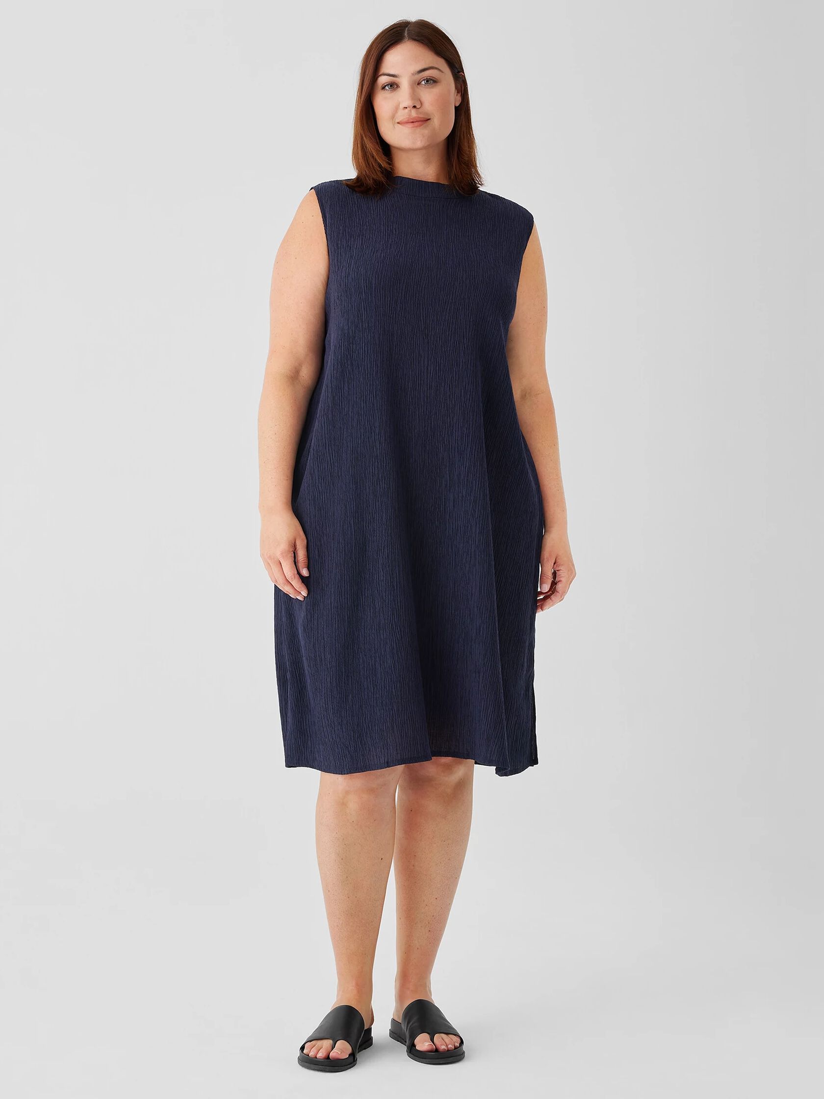 Woven Plissé Mock Neck Dress