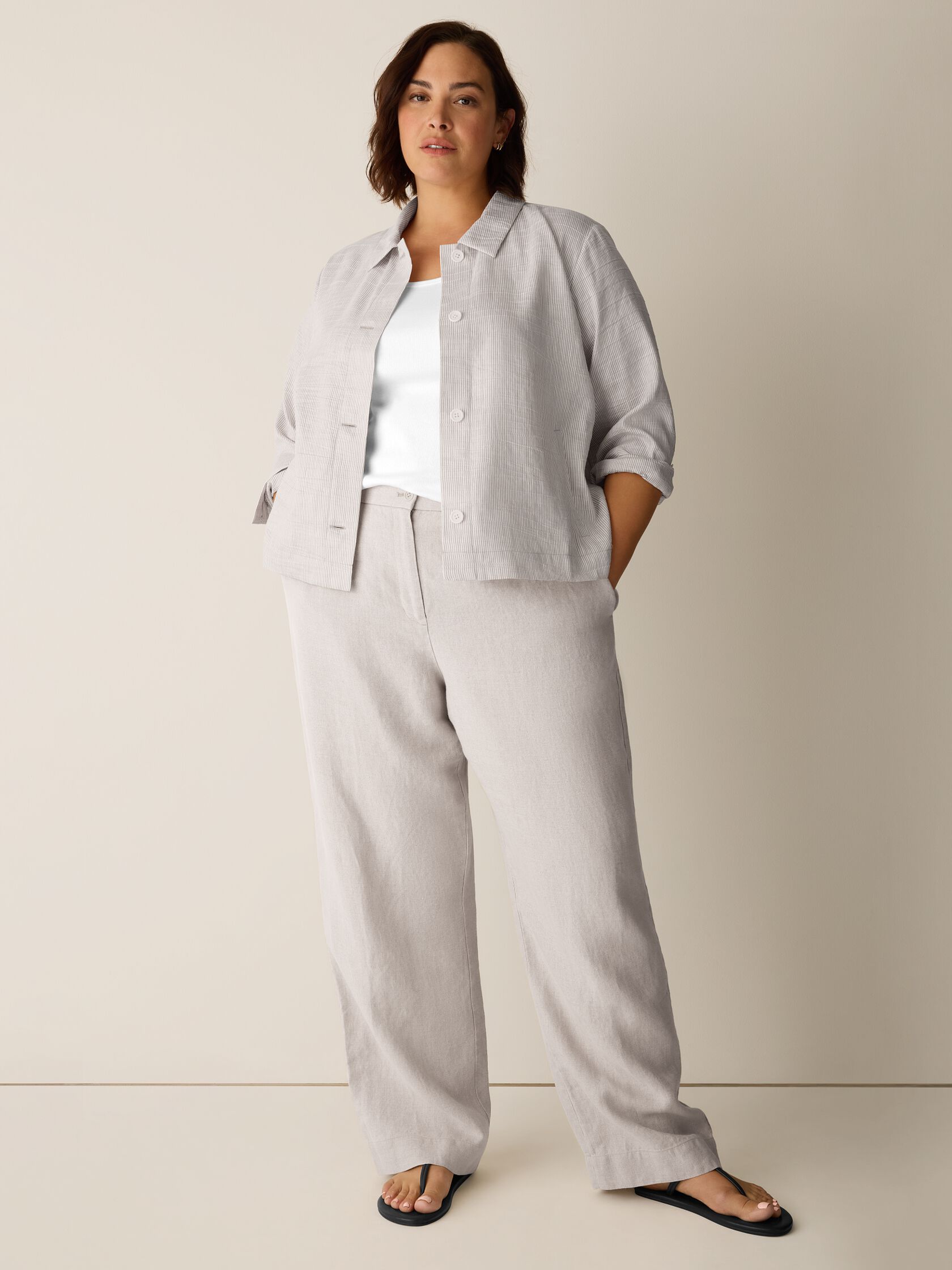 Striped Linen Nylon Sheen Classic Collar Jacket