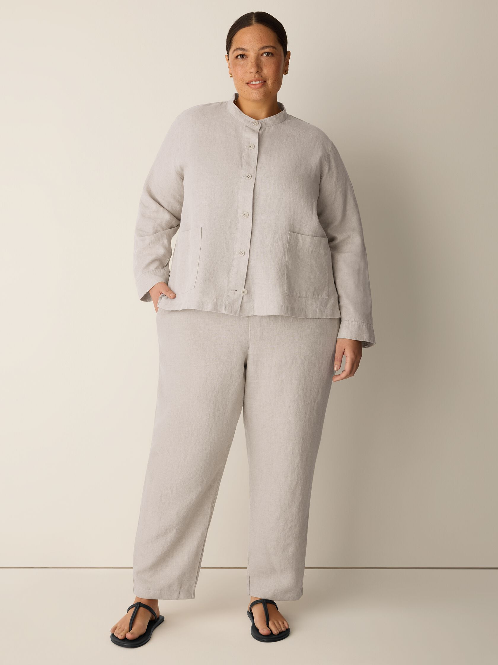 Organic Linen Band Collar Shirt Jacket