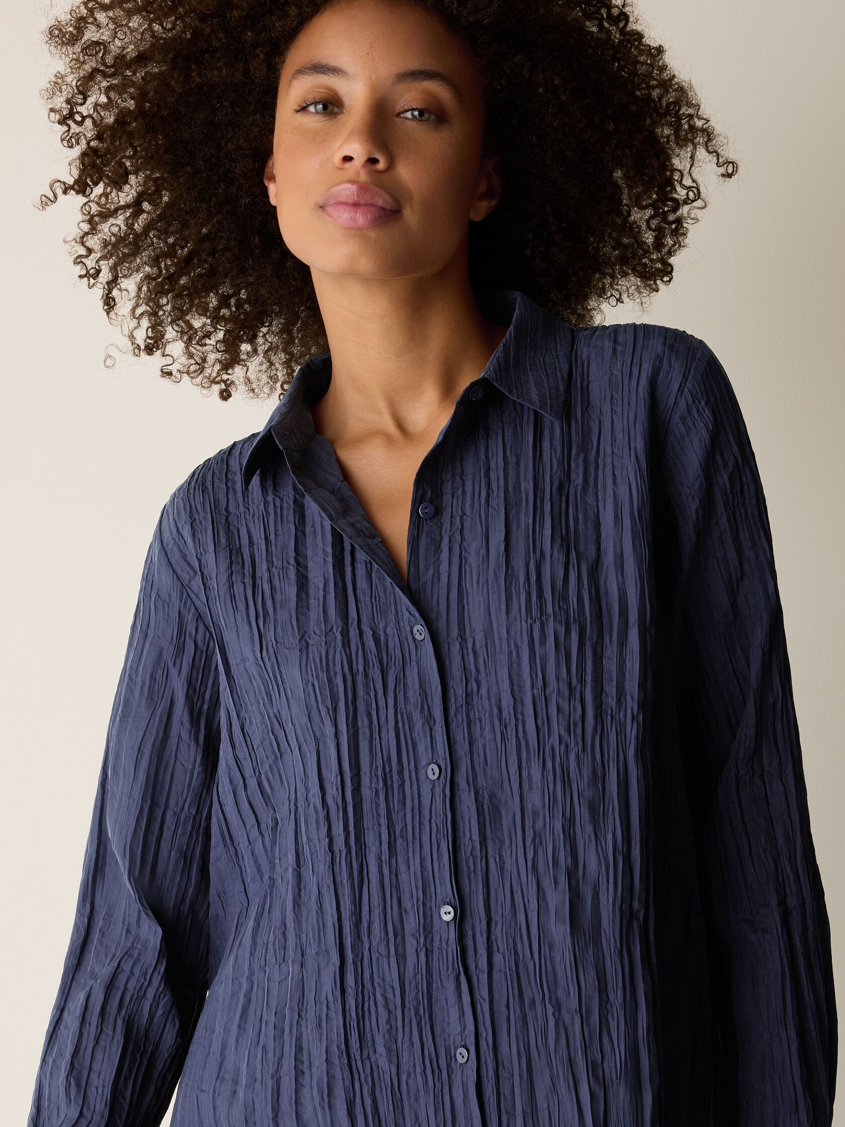 Crinkle Silk Habutai Classic Collar Shirt